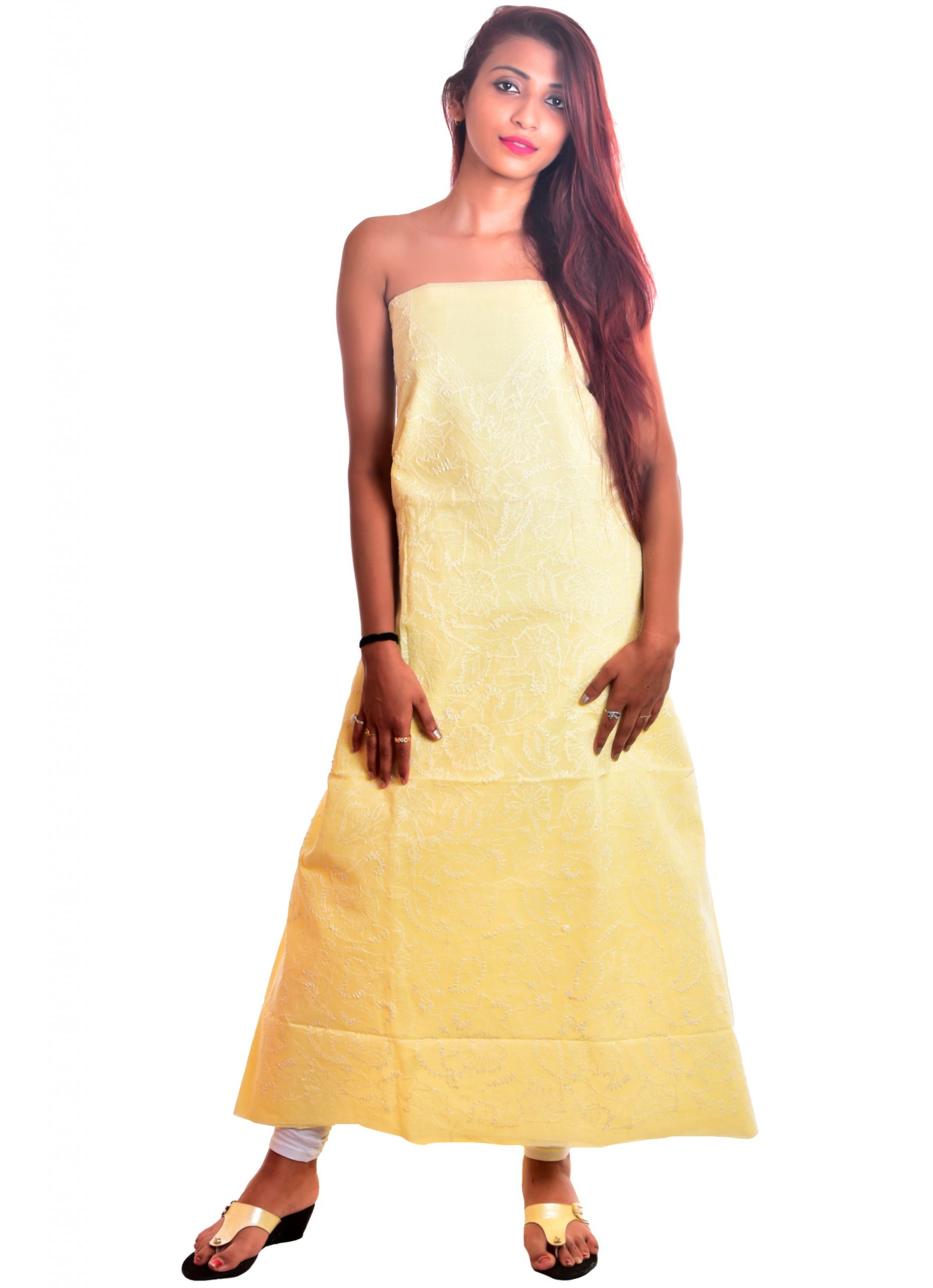 Lavangi Lucknow Chilkan Front Jaal Lemon Yellow Dress Material