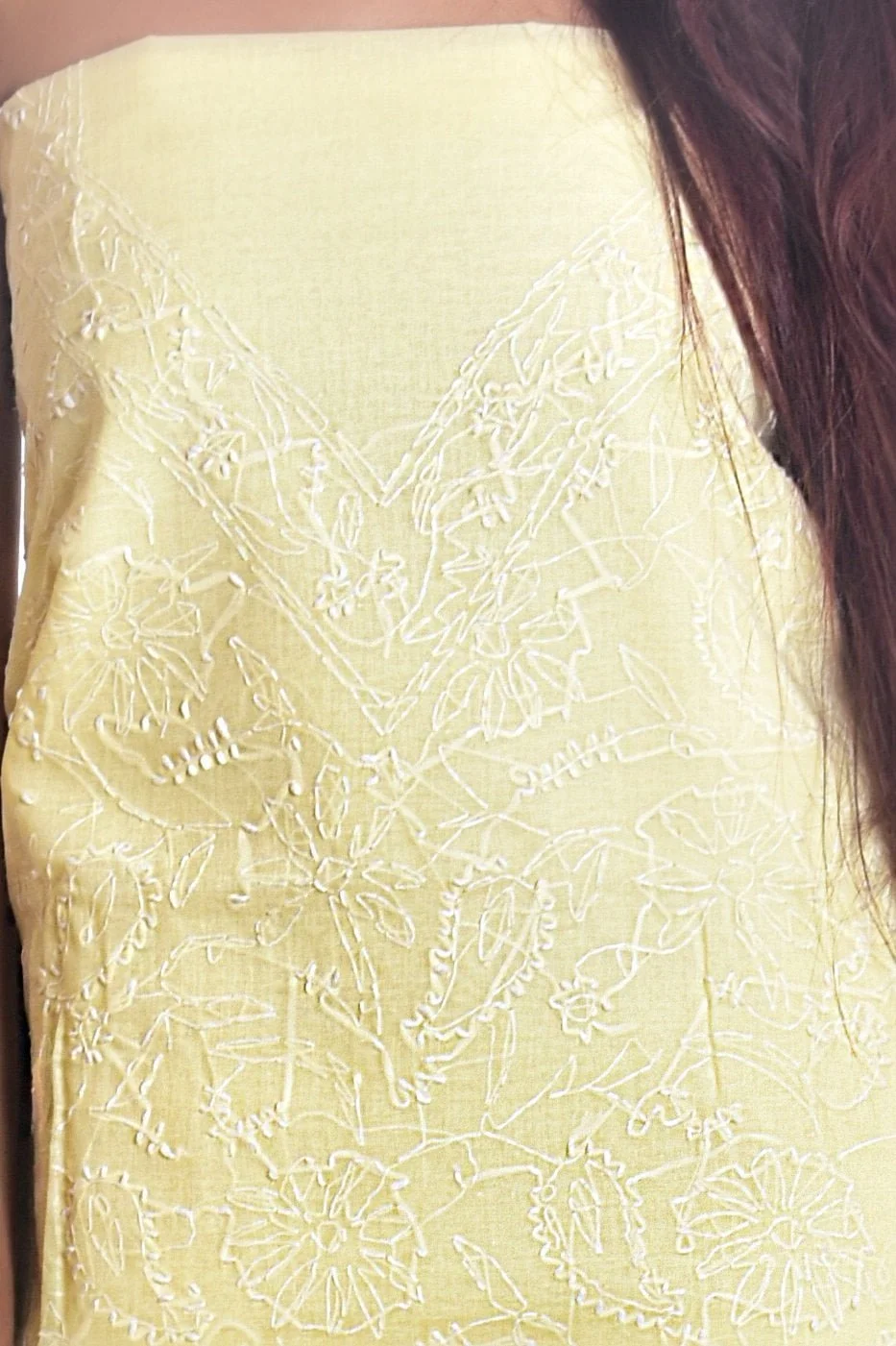 Lavangi Lucknow Chilkan Front Jaal Lemon Yellow Dress Material