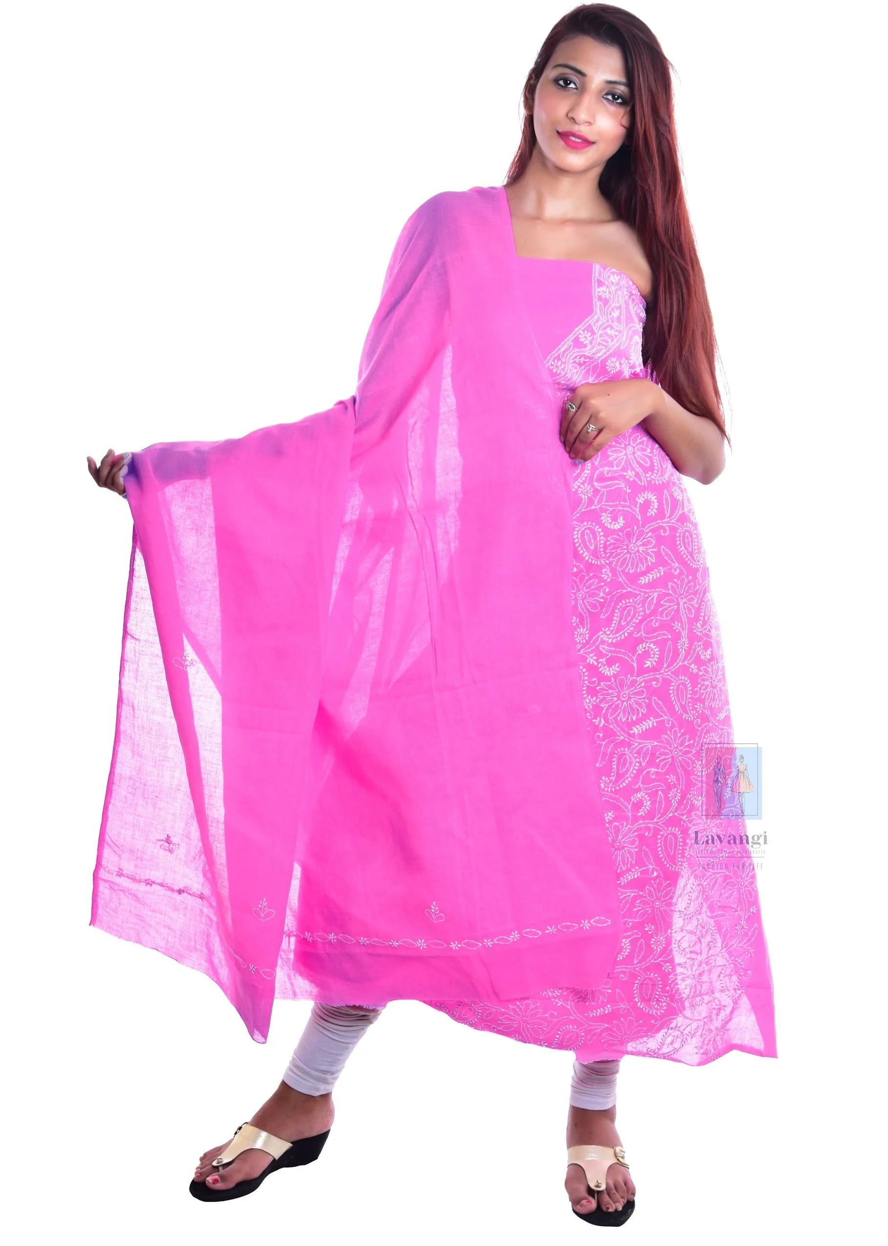 Lavangi Lucknow Chilkan Front Jaal Pink Dress Material