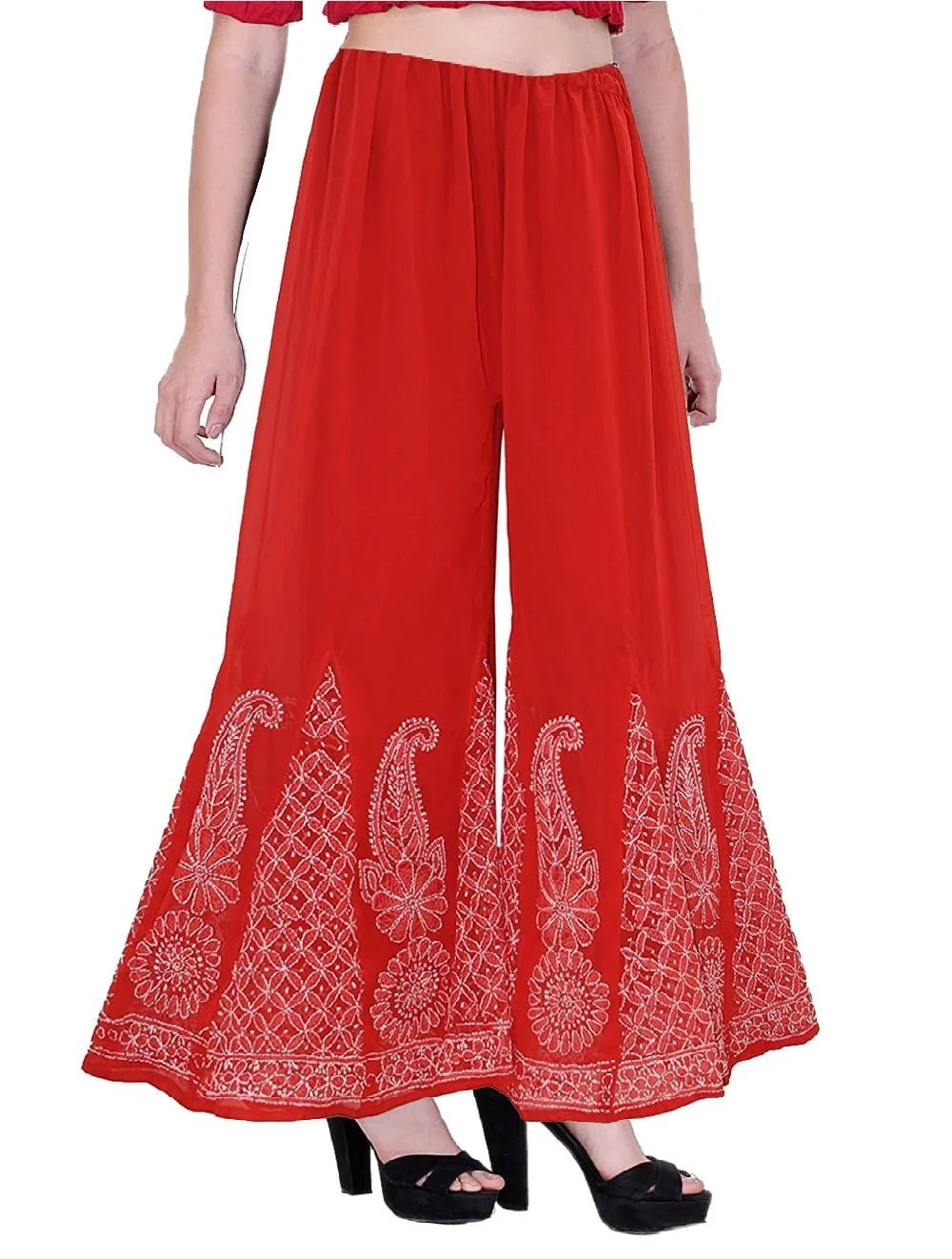 Lavangi Women Lucknow Chikan Red Chiffon Palazzo with attached cotton Lining