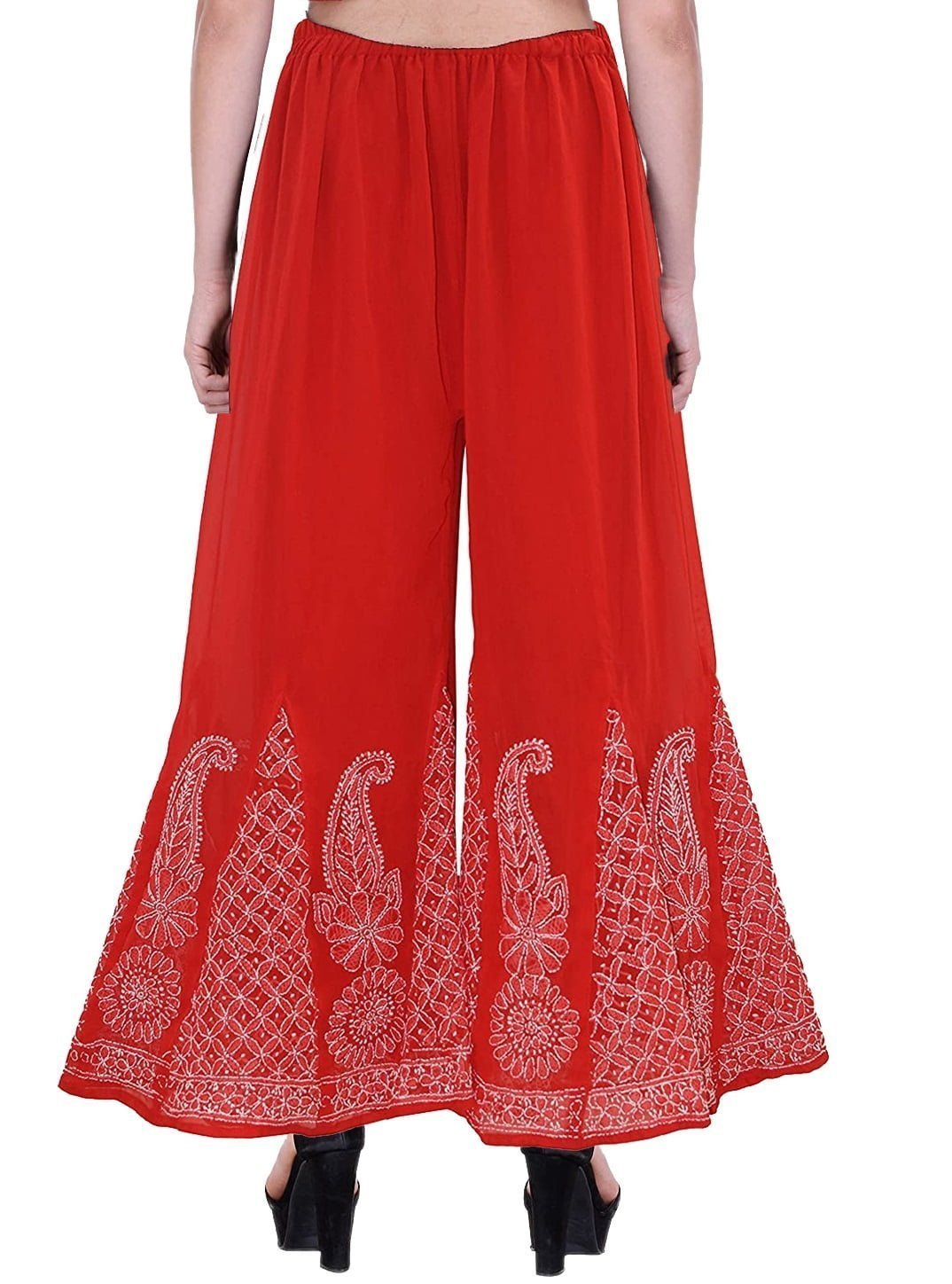 Lavangi Women Lucknow Chikan Red Chiffon Palazzo with attached cotton Lining