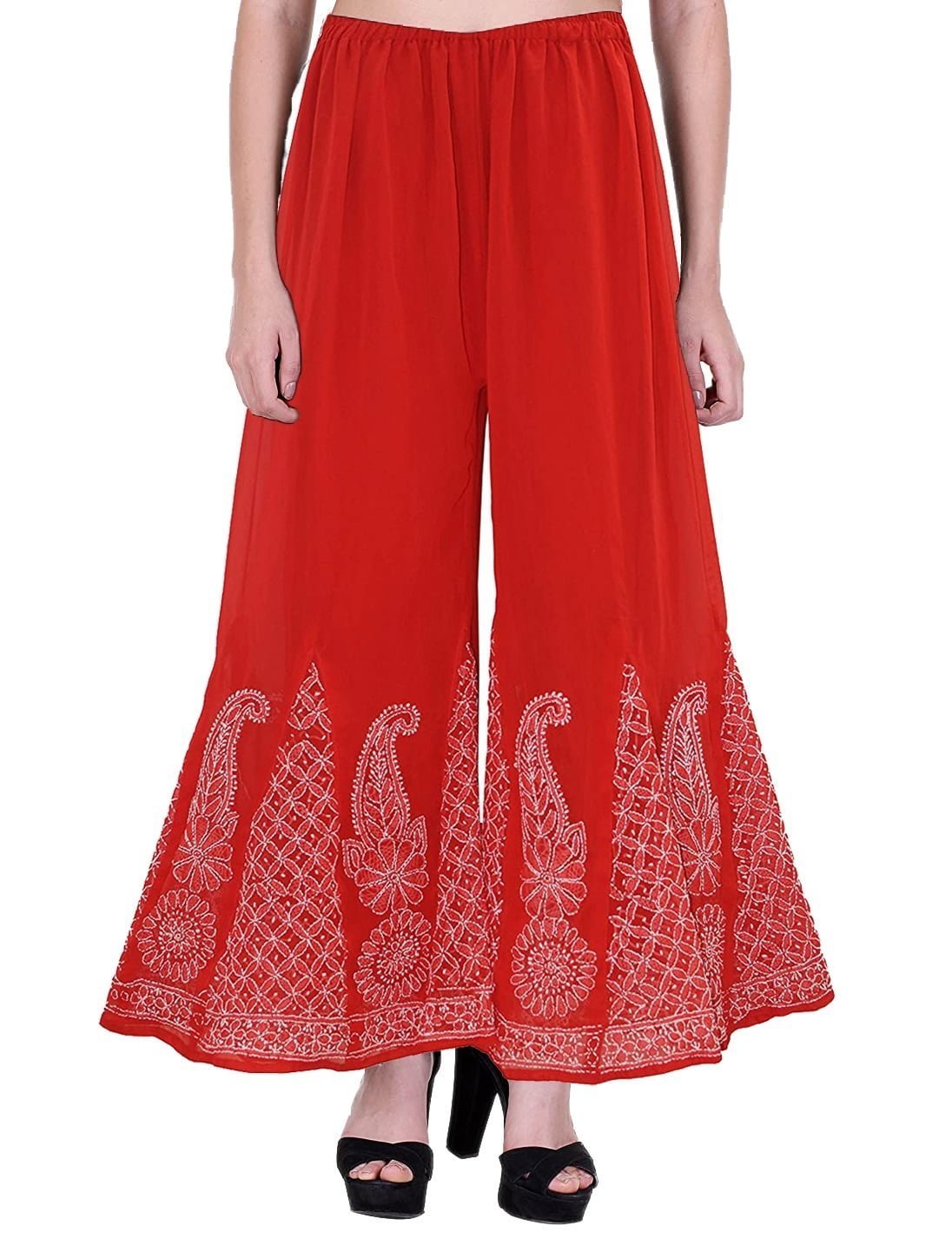 Lavangi Women Lucknow Chikan Red Chiffon Palazzo with attached cotton Lining