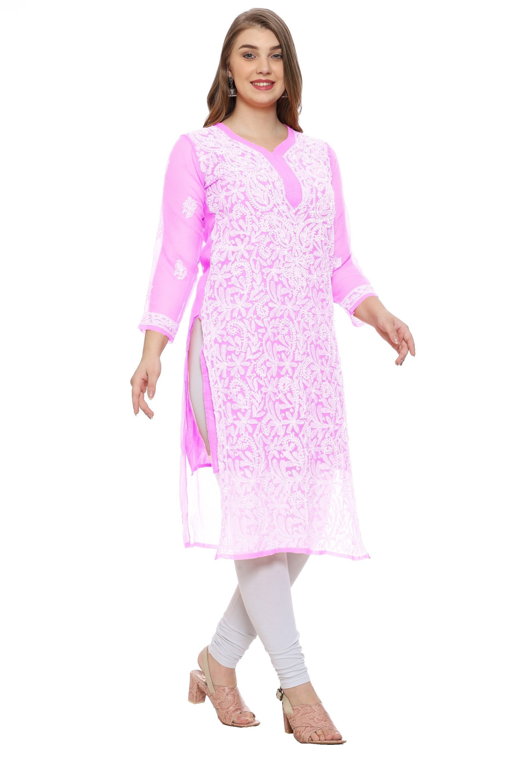 Lavangi Baby Pink Lucknow Chikan Chiffon Kurti