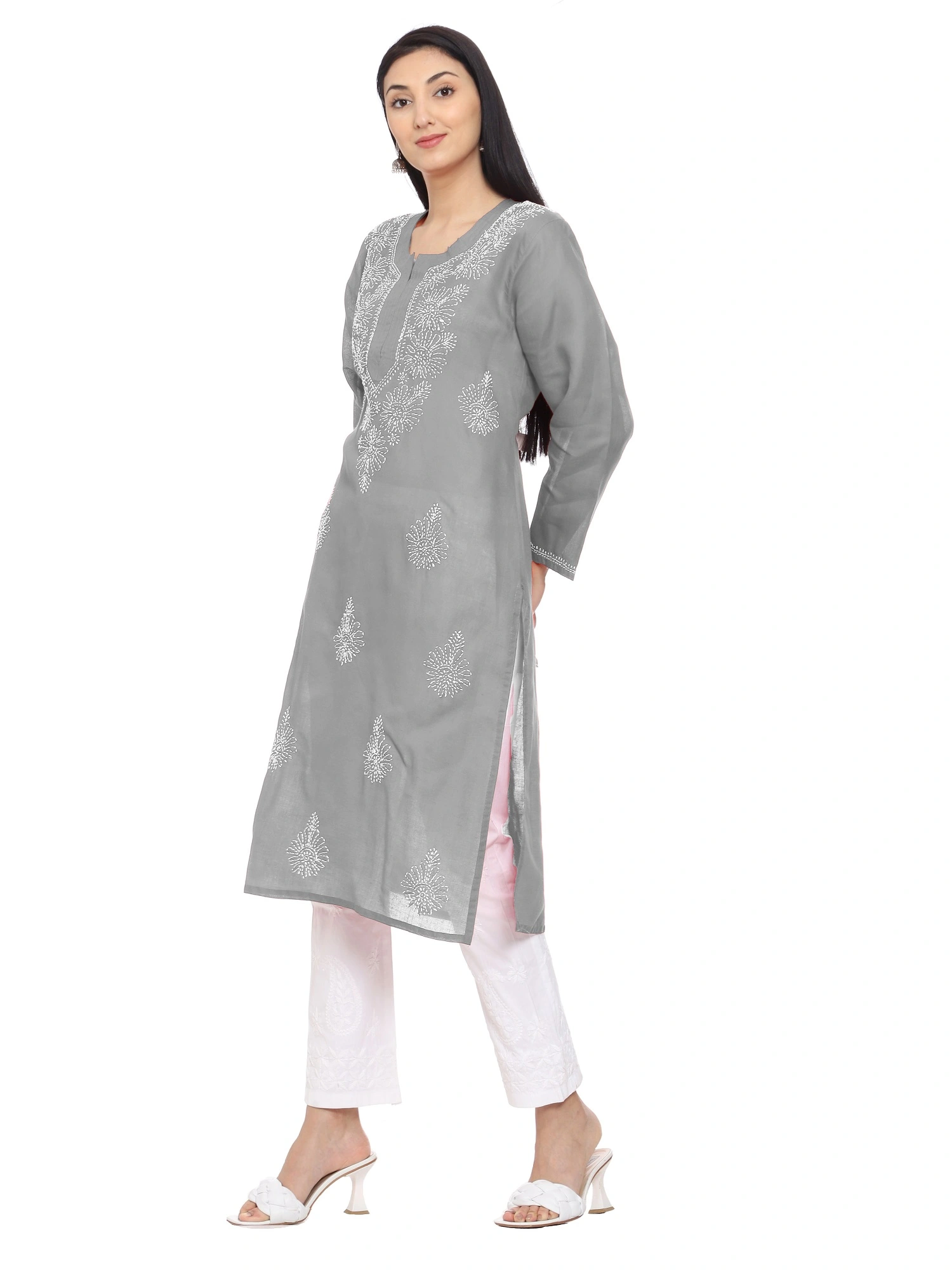Shop Online Grey Embroidered Festival Party Wear Kurti : 190143 -