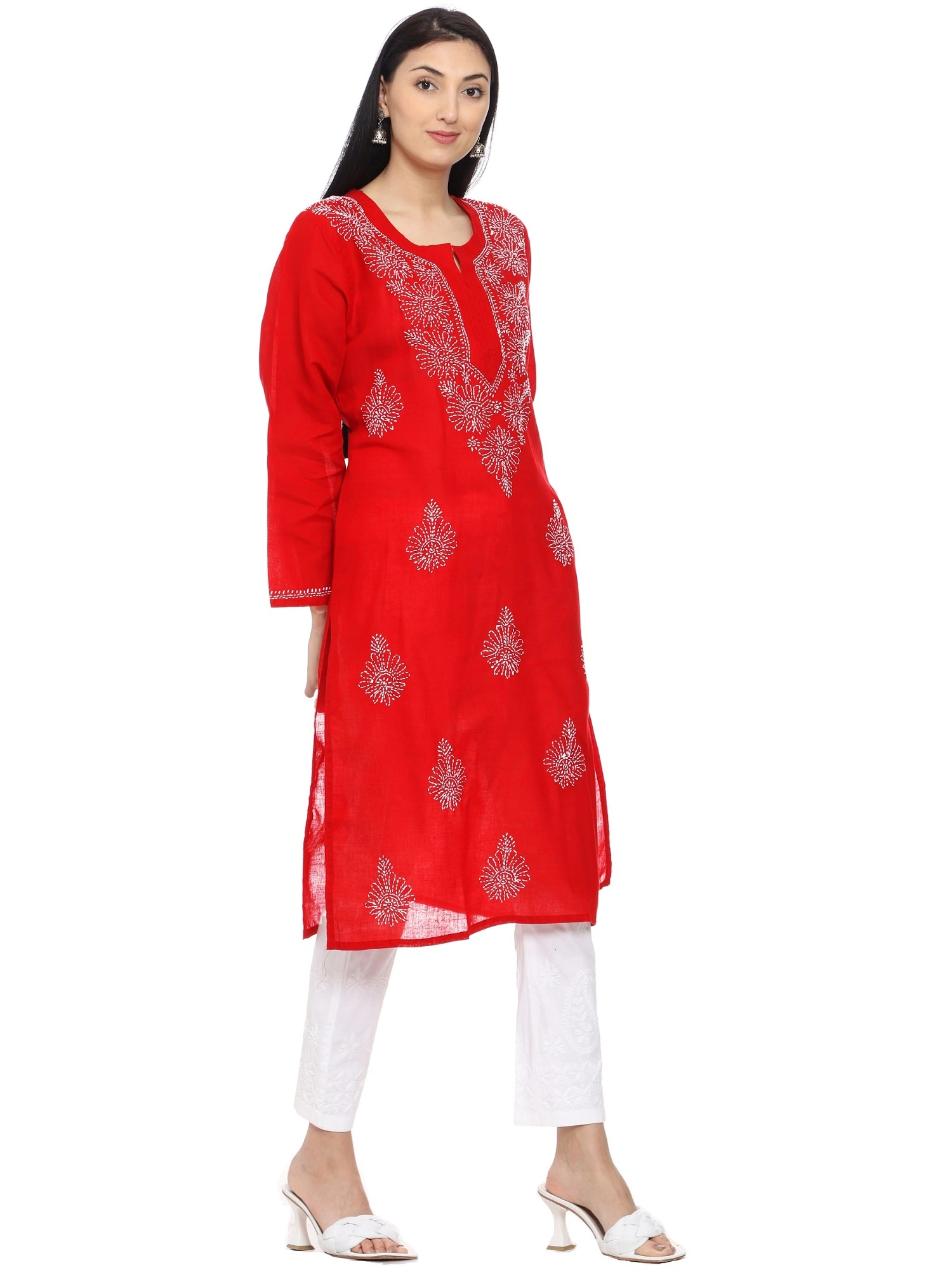 Lavangi Lucknow Chikankari Shadow Work Red Cotton Kurti