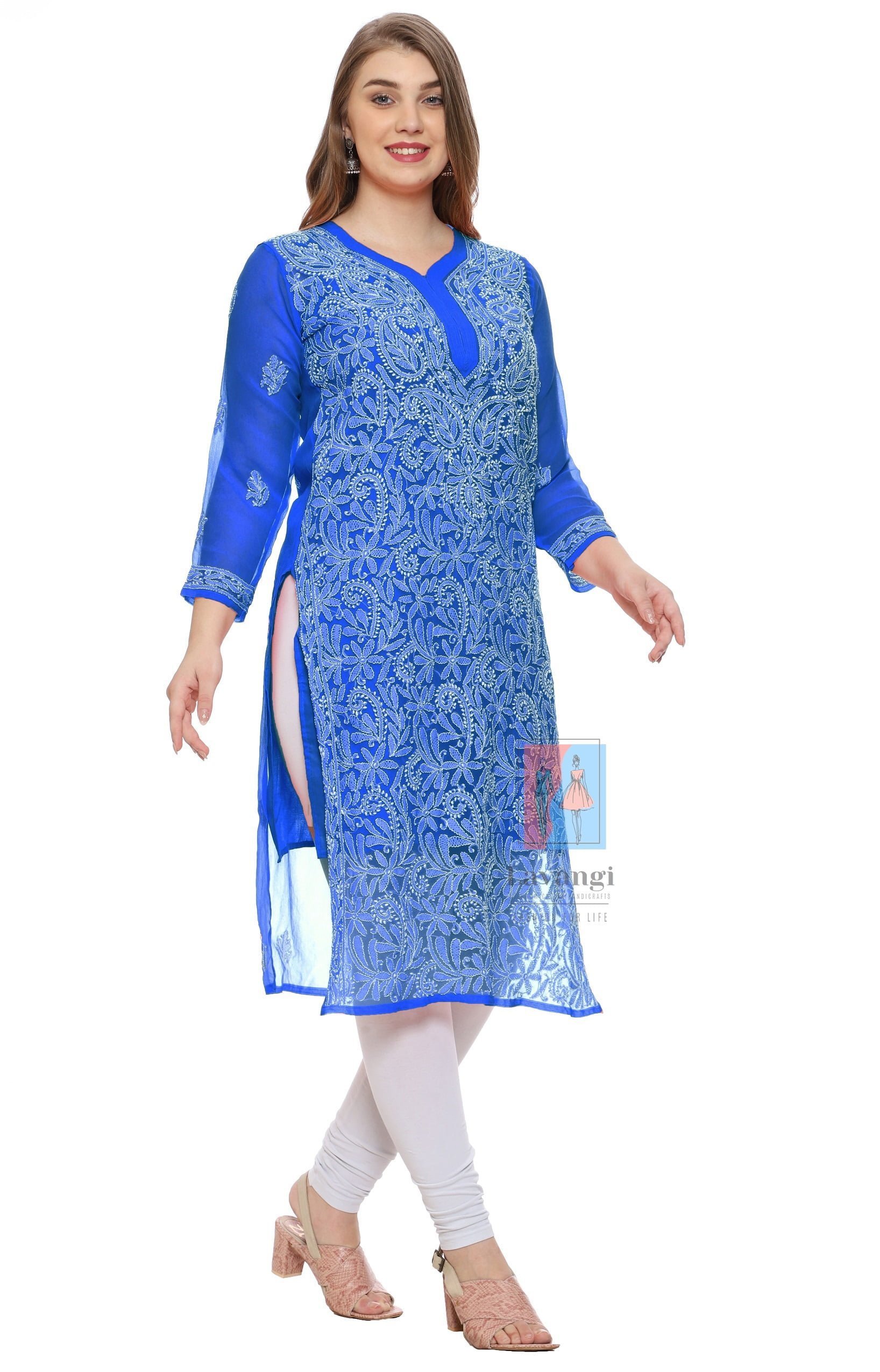 Lavangi Royal Blue Lucknow Chikan Chiffon Kurti