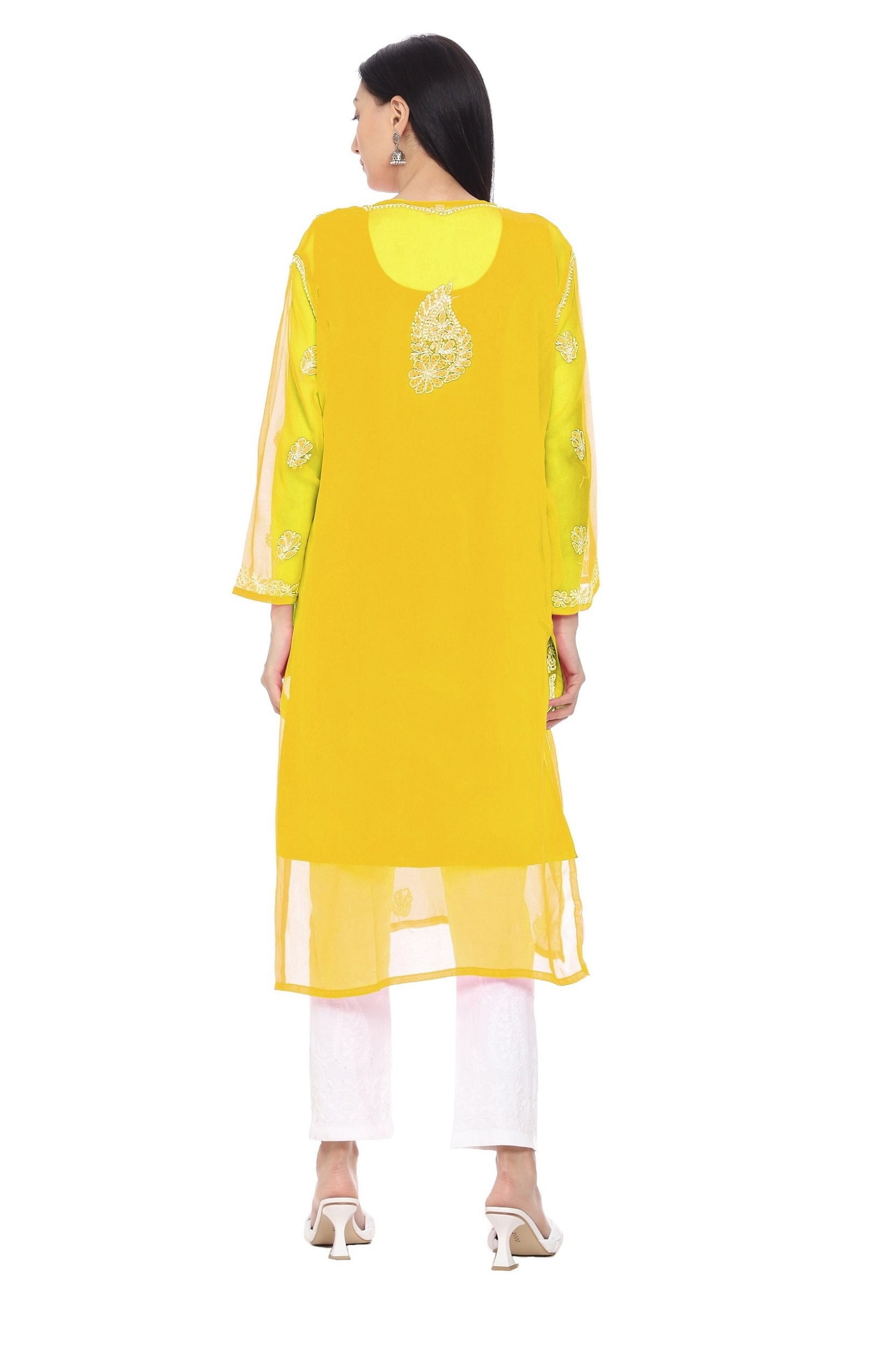Lavangi Women Yellow Chiffon Lucknow Chikan Kurti