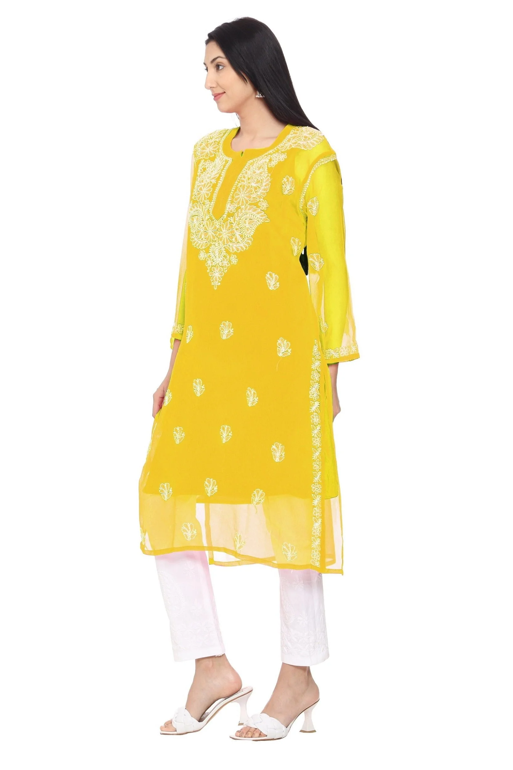 Lavangi Women Yellow Chiffon Lucknow Chikan Kurti
