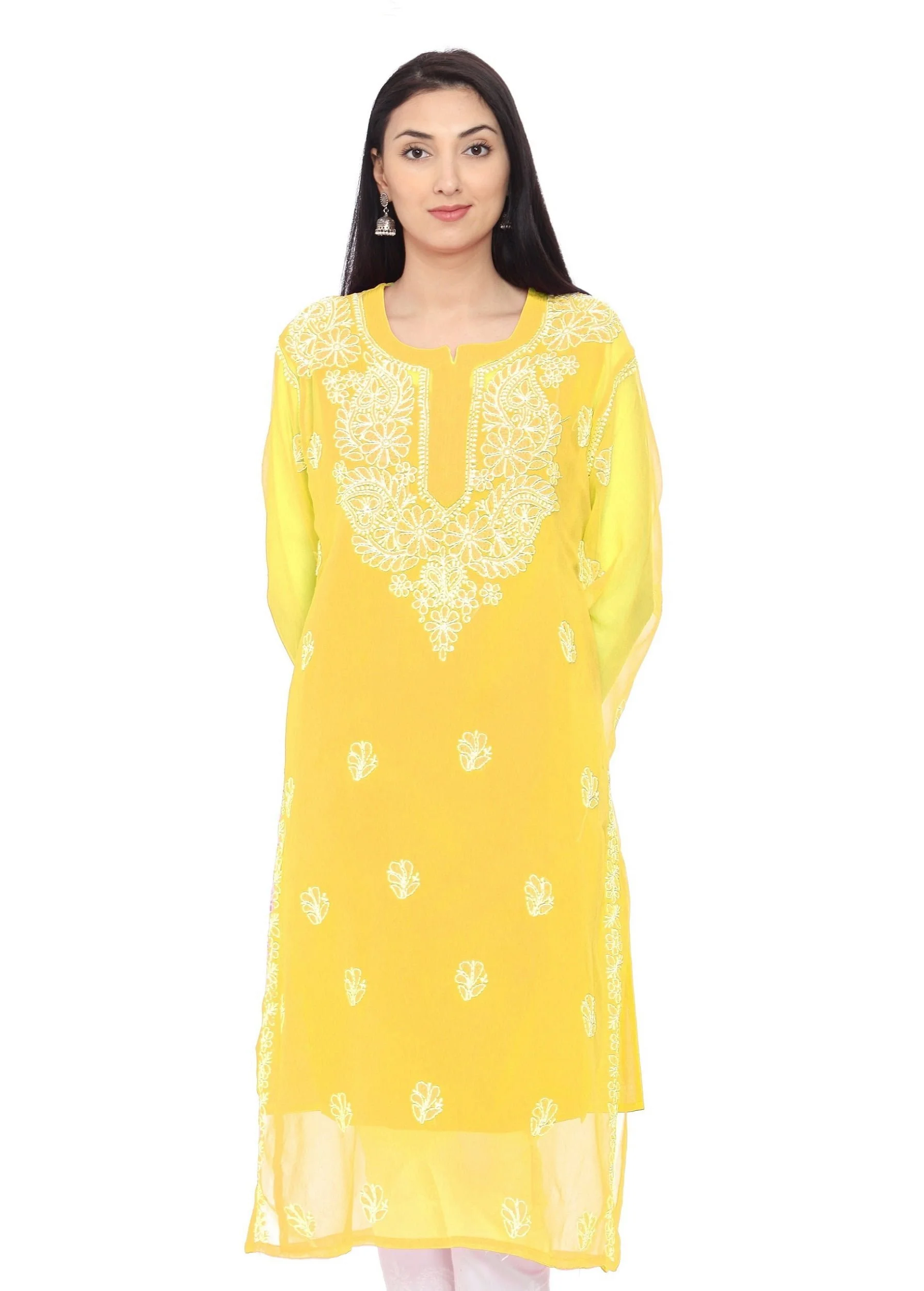 Lavangi Women Yellow Chiffon Lucknow Chikan Kurti