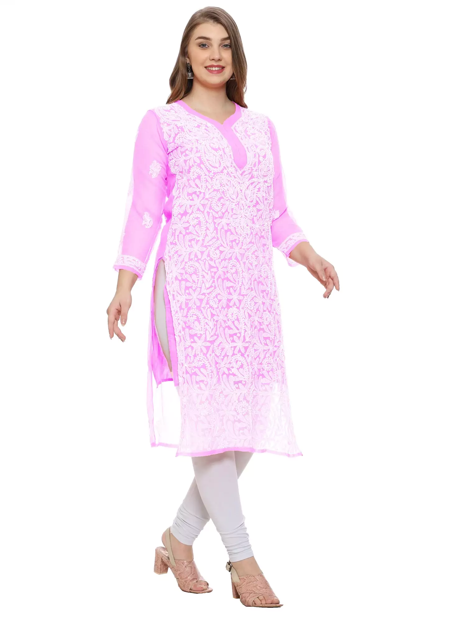 Lavangi Lucknow Chikan Baby Pink Chiffon Kurti