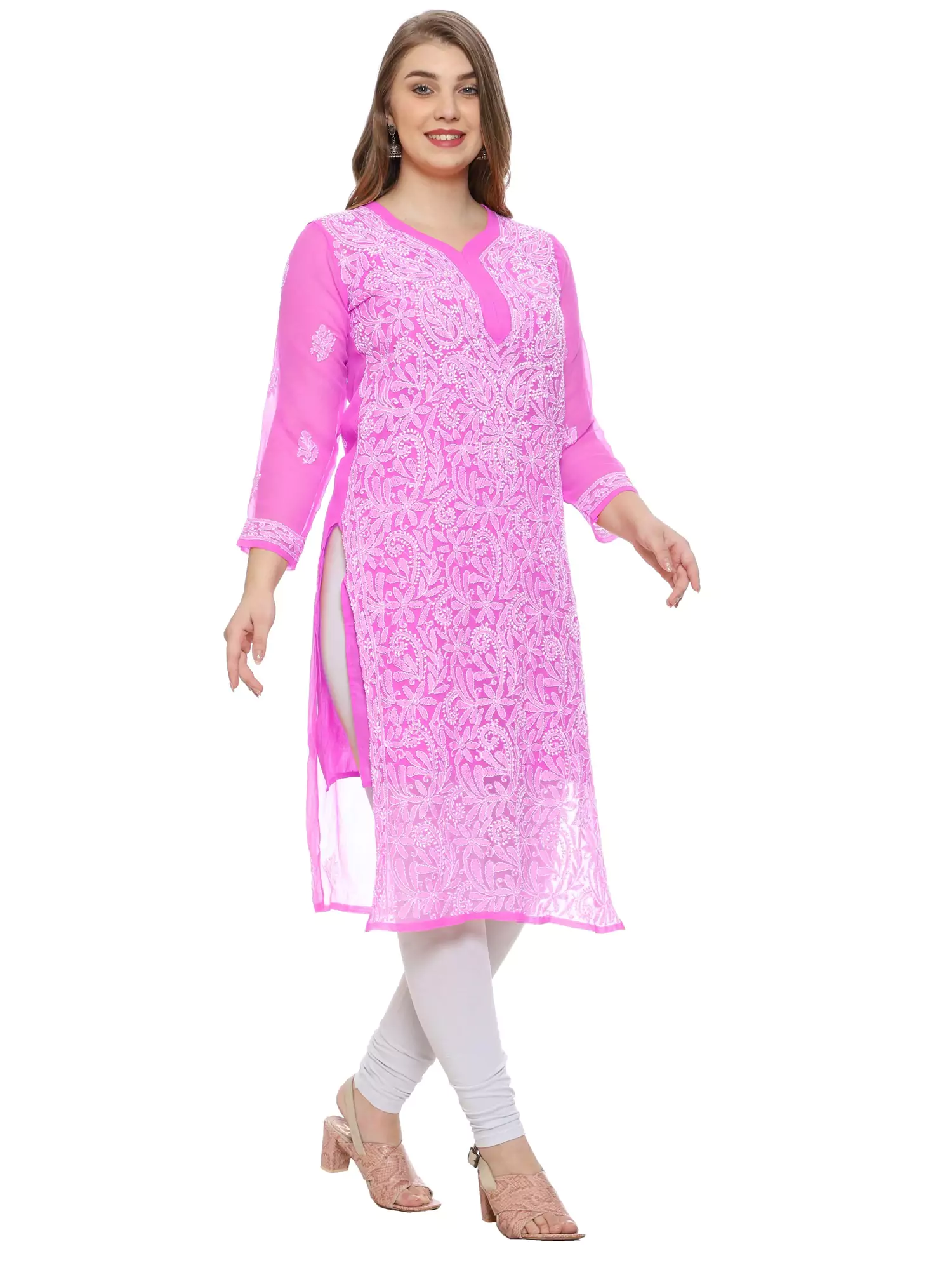 Lavangi Pink Lucknow Chikan Chiffon Kurti