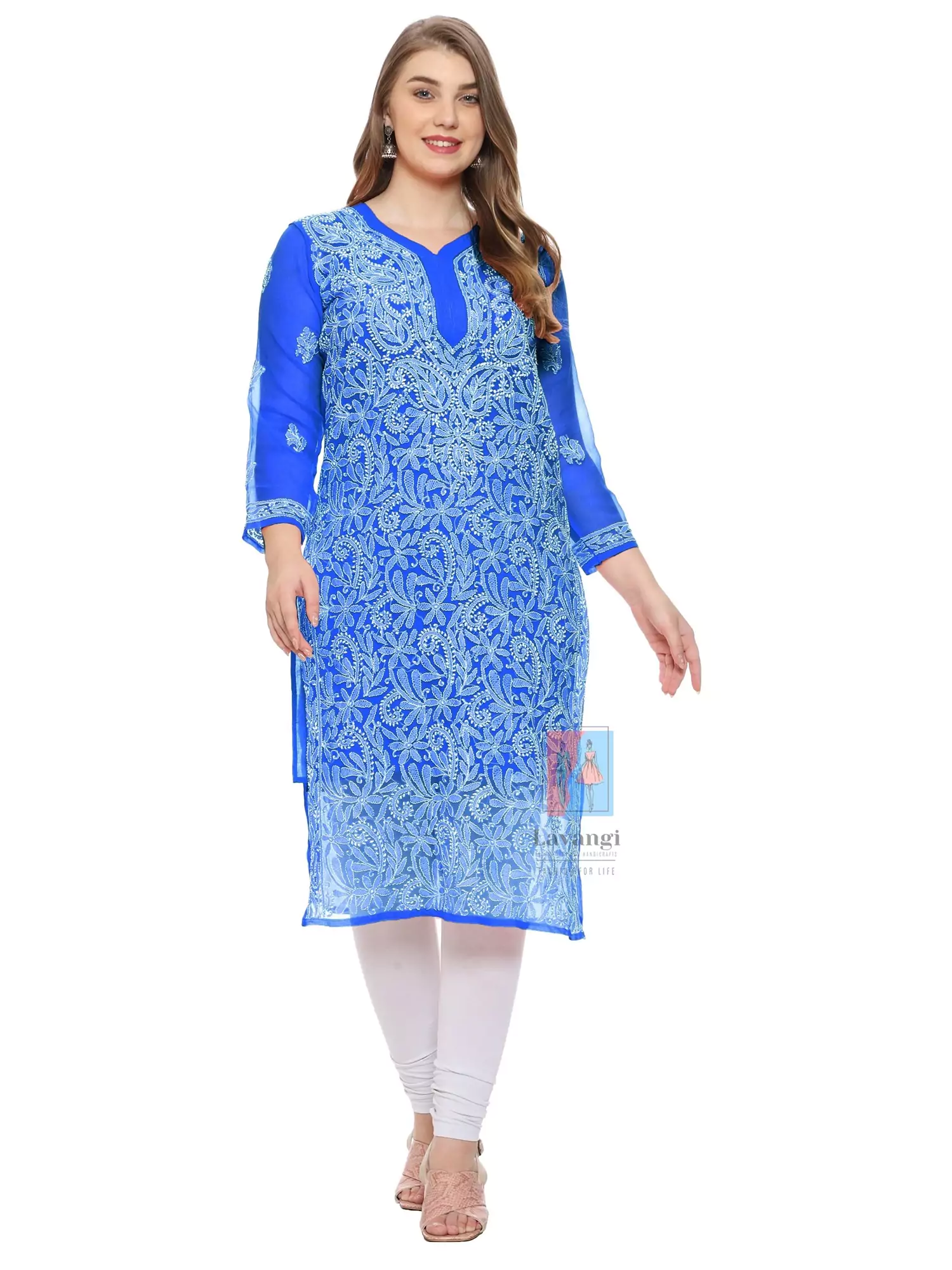 Lavangi Royal Blue Lucknow Chikan Chiffon