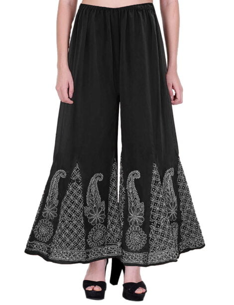 Lavangi Women Lucknow Chikan Black Chiffon Palazzo with attached cotton Lining