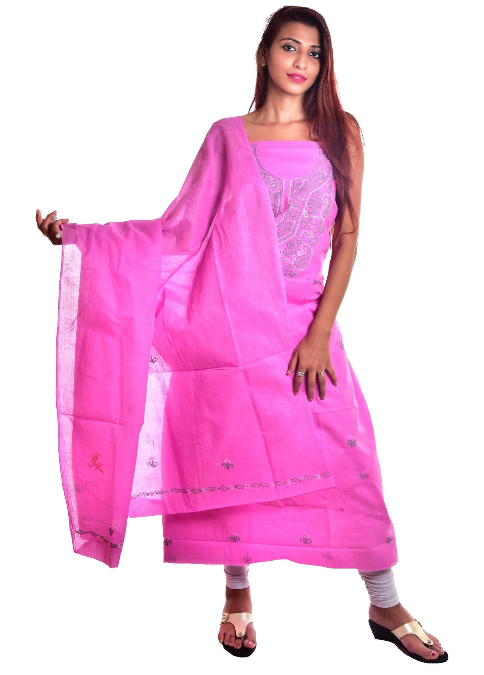 Lavangi Lucknow Chikankari Onion Pink Cotton Unstitched Dress Material
