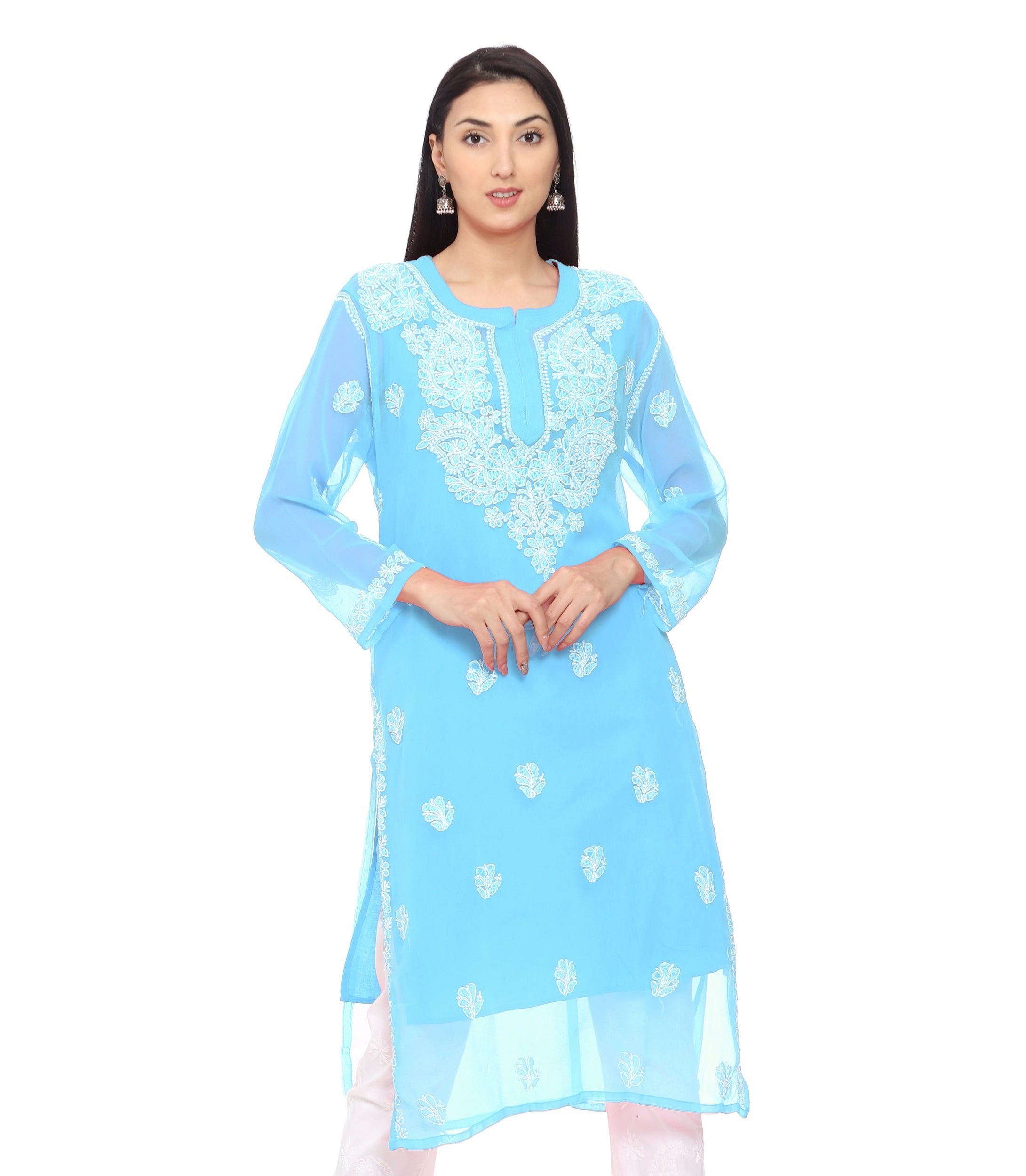 Lavangi Women Sky Blue Chiffon Lucknow Chikan Kurti