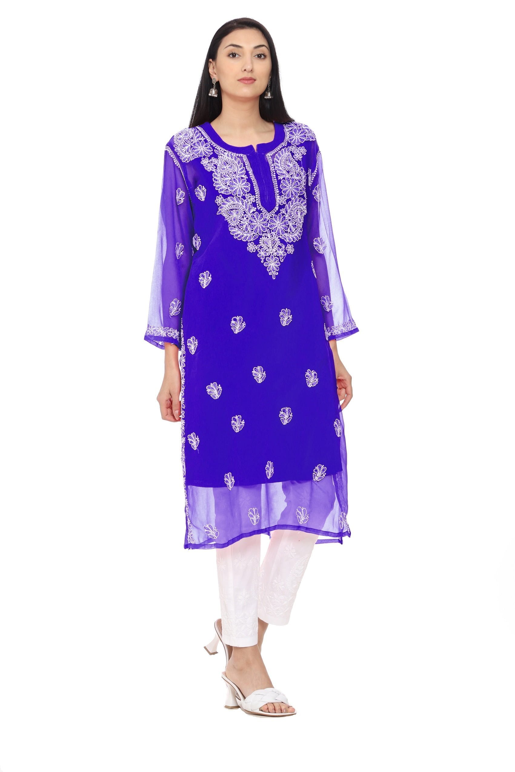 Lavangi Women Royal Blue Chiffon Lucknow Chikan Kurti