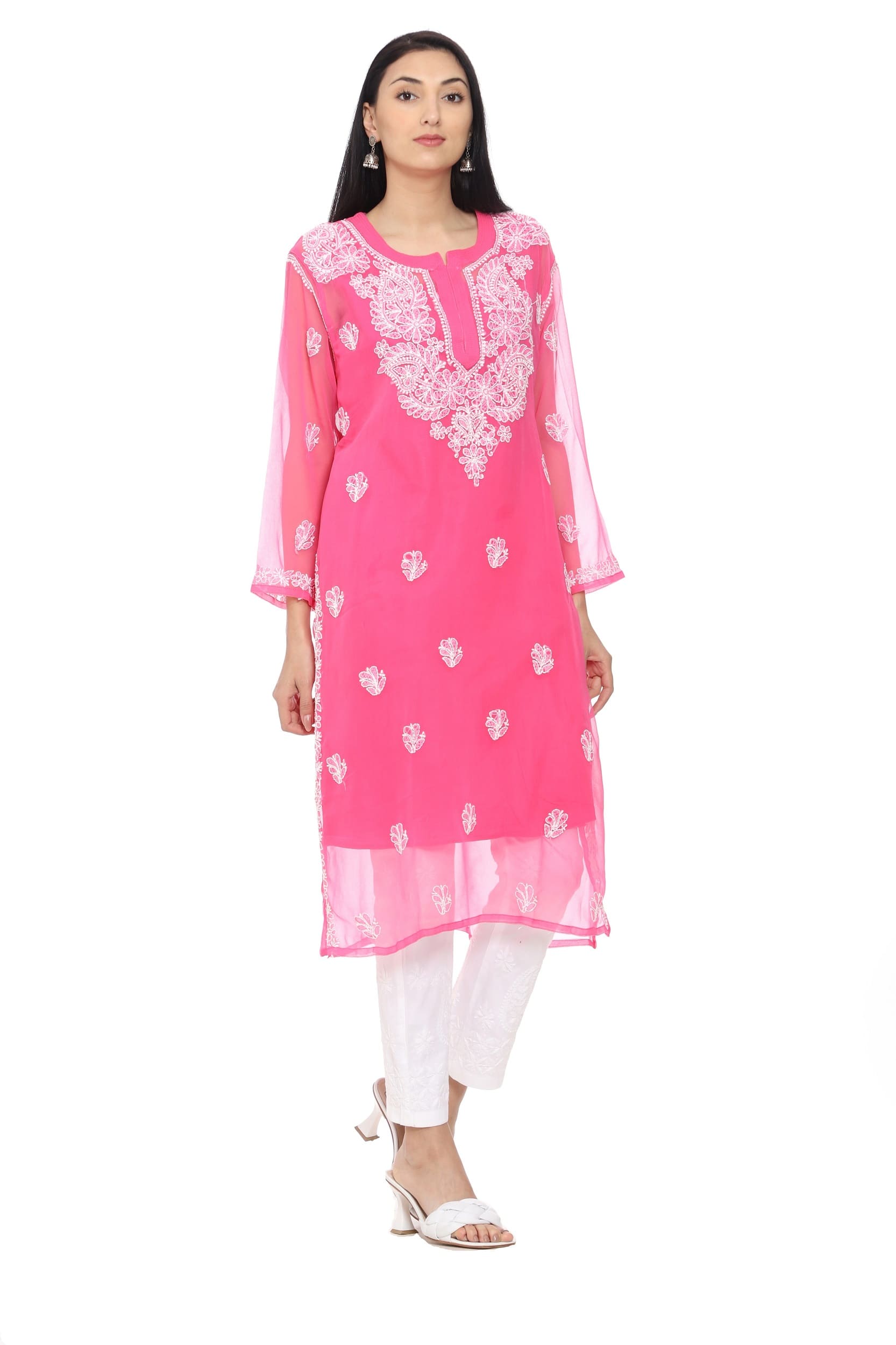 Lavangi Women Pink Chiffon Lucknow Chikan Kurti