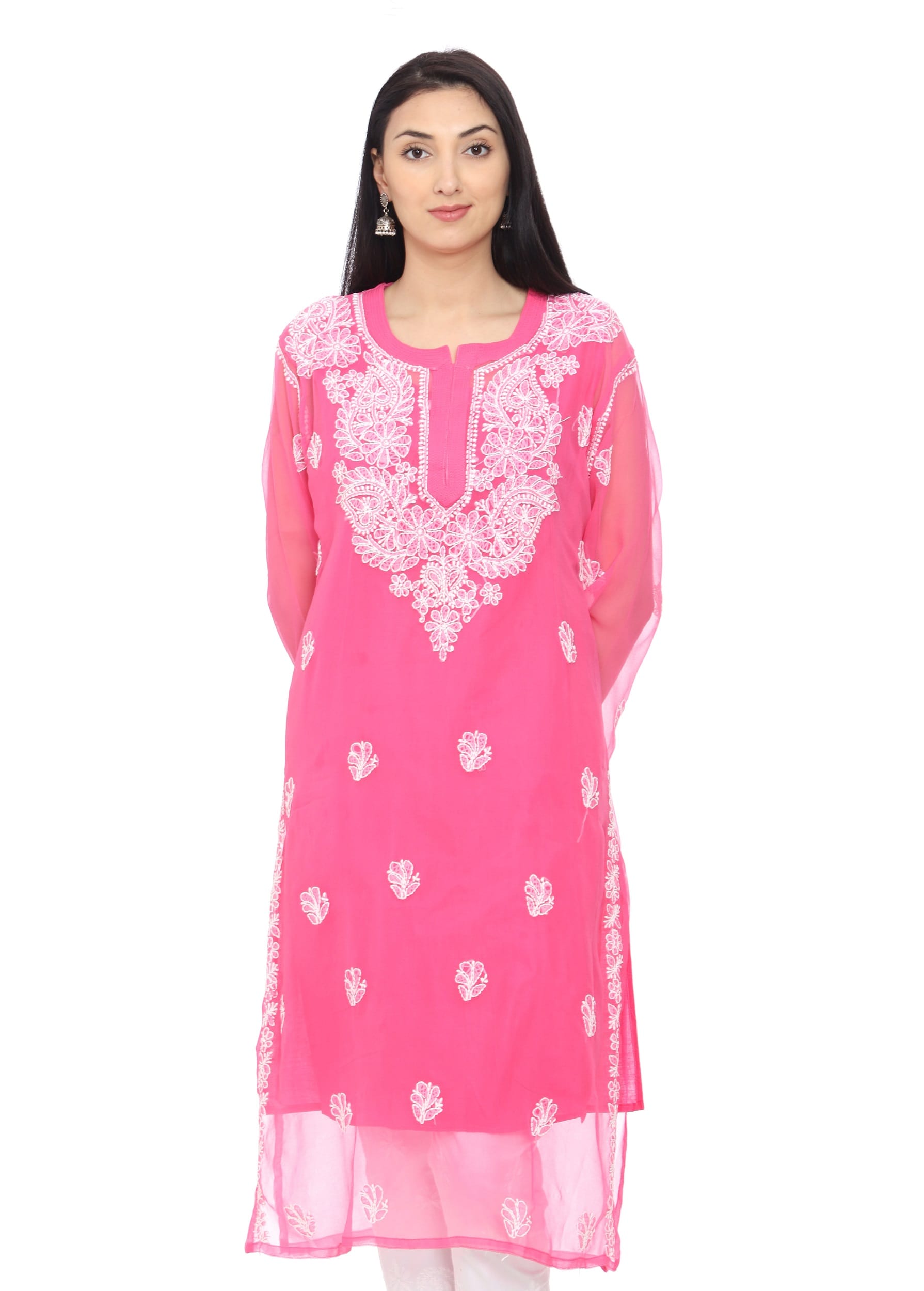 Lavangi Women Pink Chiffon Lucknow Chikan Kurti