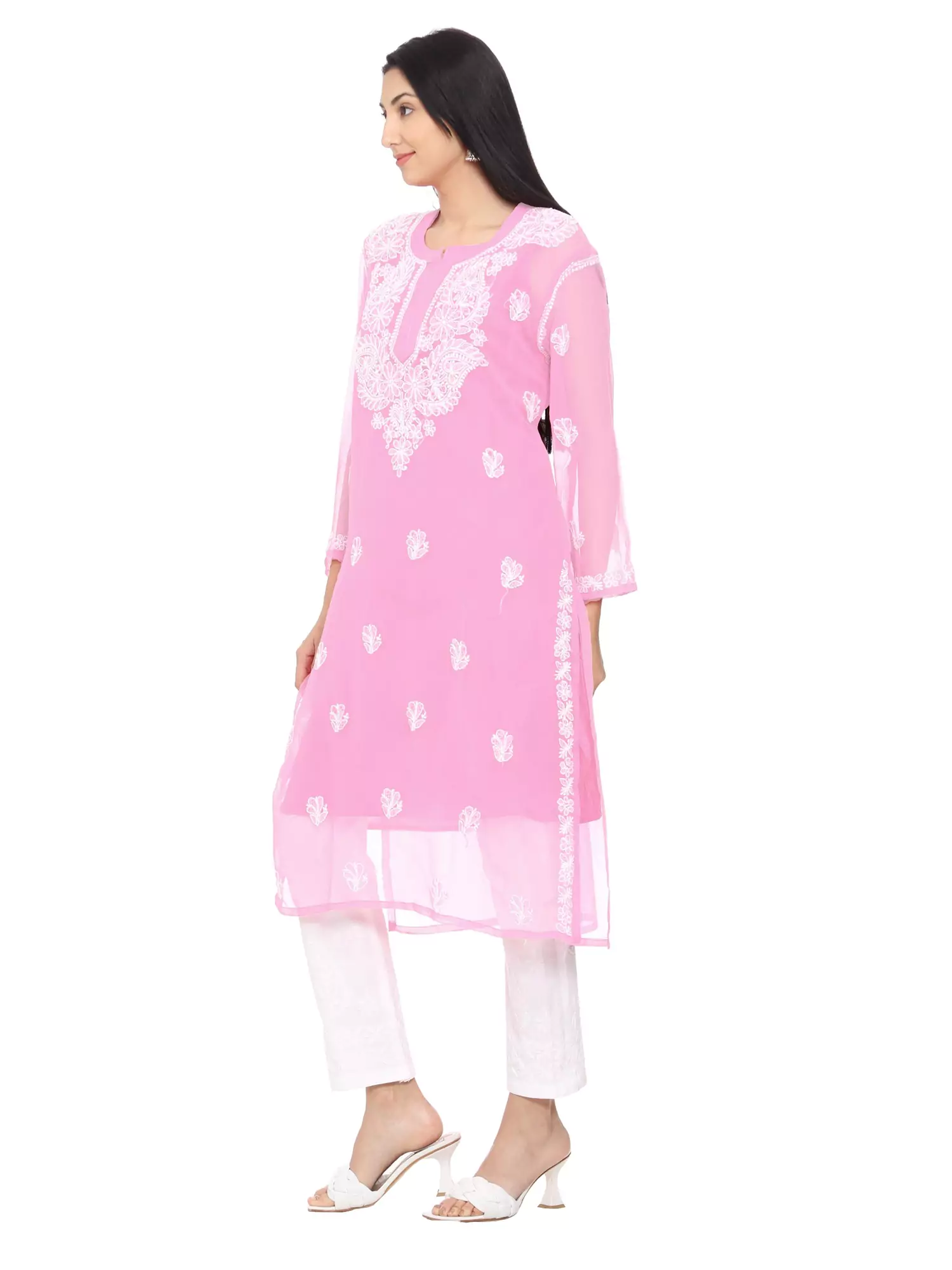 Lavangi Women Lucknow Chikan Chiffon Baby Pink Kurti