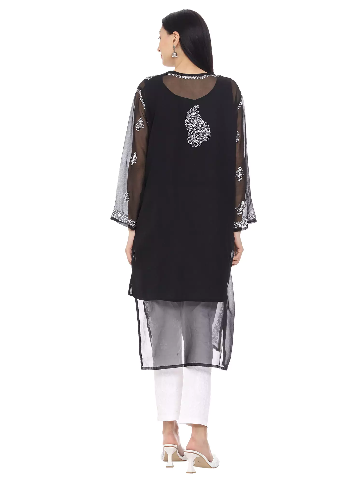 stylish Attractive transparent net kurtis neck design black colour net  kurthiSolid Self Design American Crepe Rassal