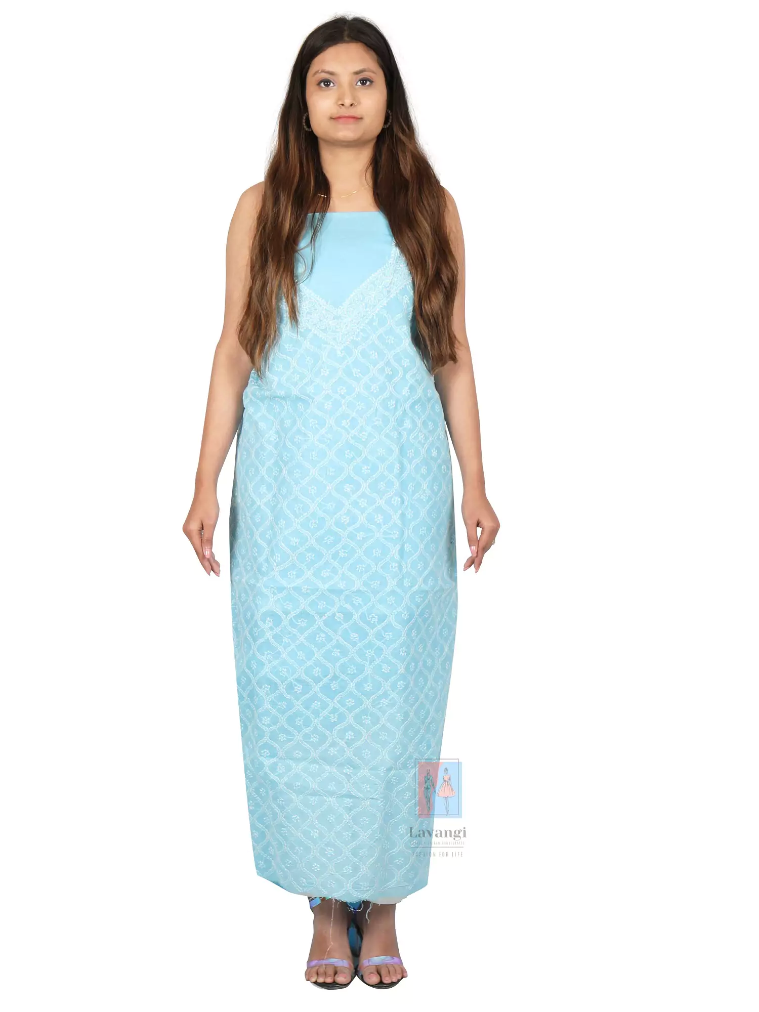 Lavangi Women Lucknow Chikankari Sky Blue Cotton Dress Material
