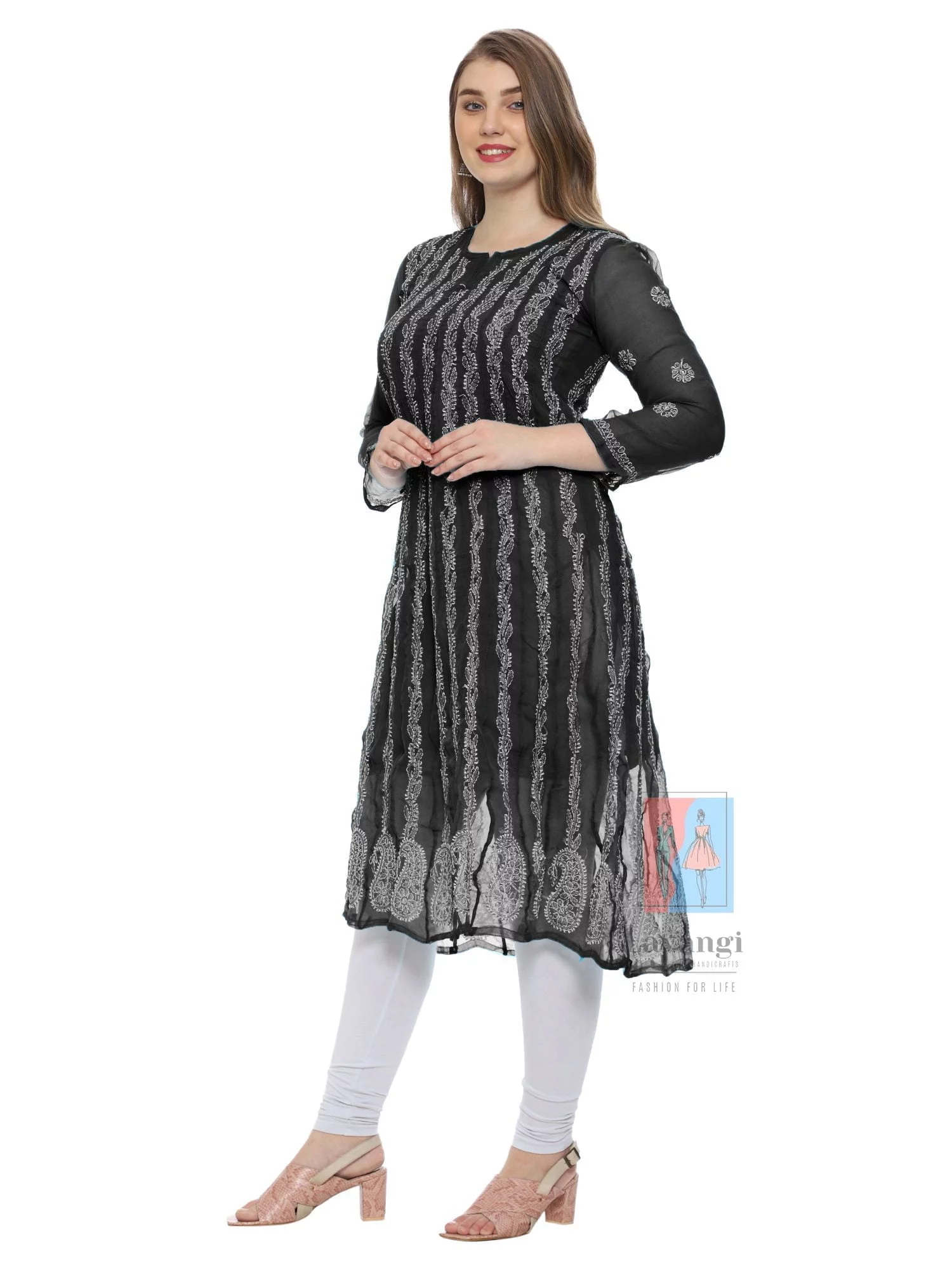 Lavangi Women Lucknow Chikankari Black Chiffon Kurti