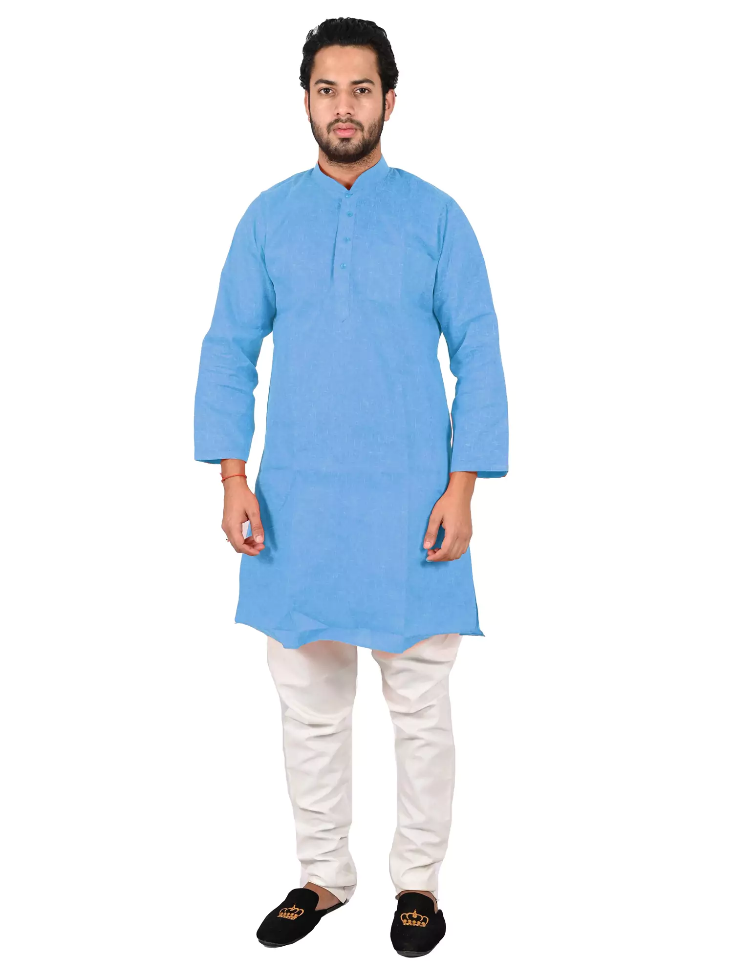 Lavangi Men Lucknow Chikankari Jute Cotton Sky Blue Kurta Pajama Set