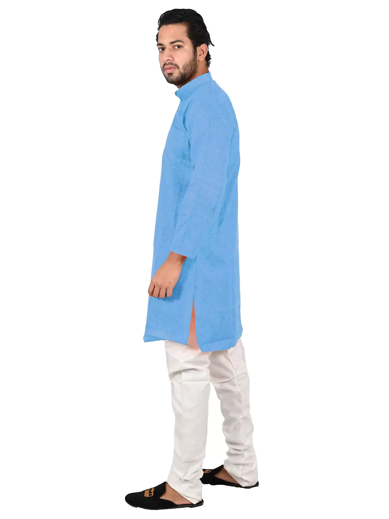 Lavangi Men Lucknow Chikankari Jute Cotton Sky Blue Kurta Pajama Set