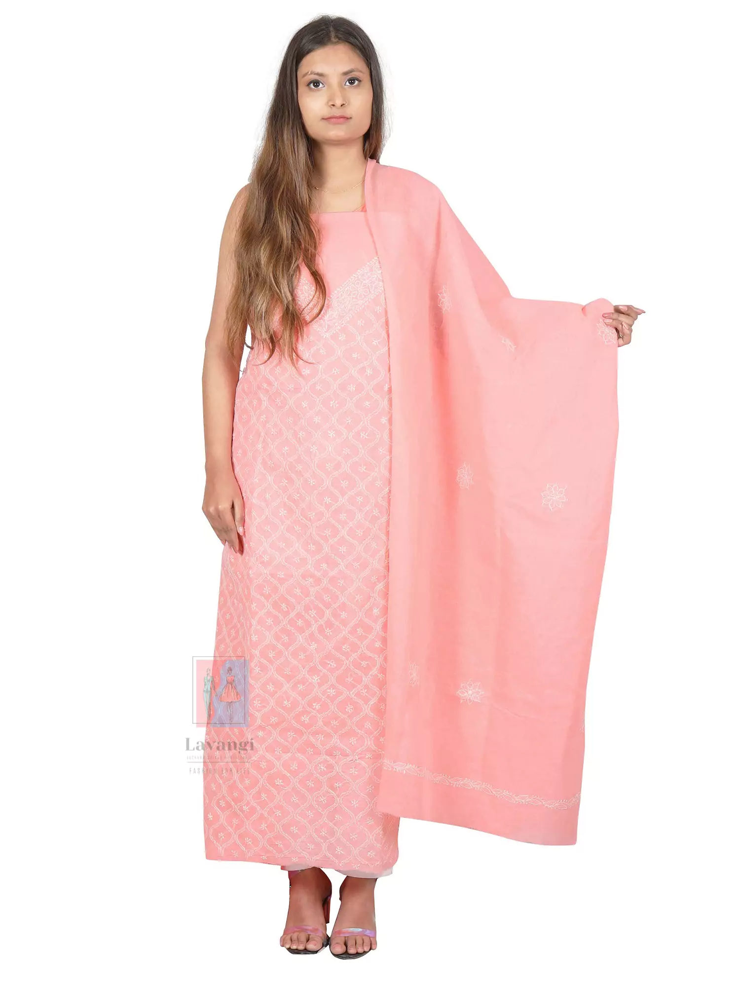 Lavangi Lucknow Chikan Light Gajiri Anda Jaal Unstitched Cotton Dress Material