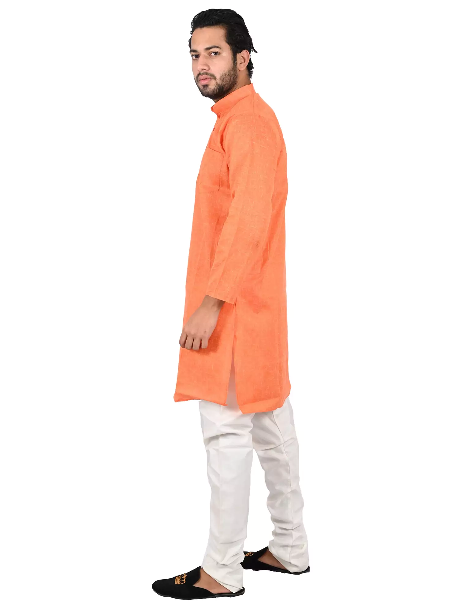 Lavangi Men Lucknow Chikankari Jute Cotton Orange Kurta Pajama Set