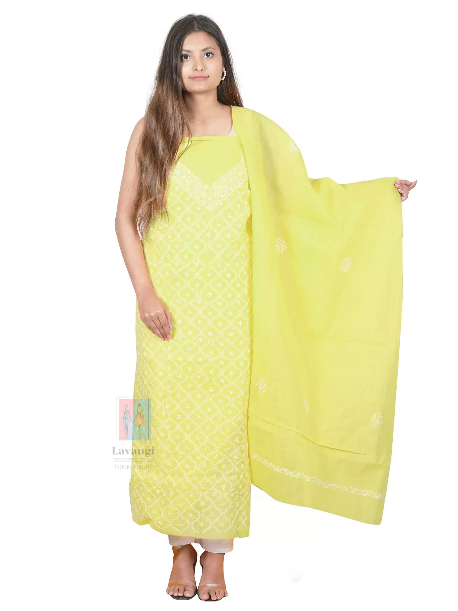 Lavangi Lucknow Chikan Yellow Anda Jaal Unstitched Cotton Dress Material