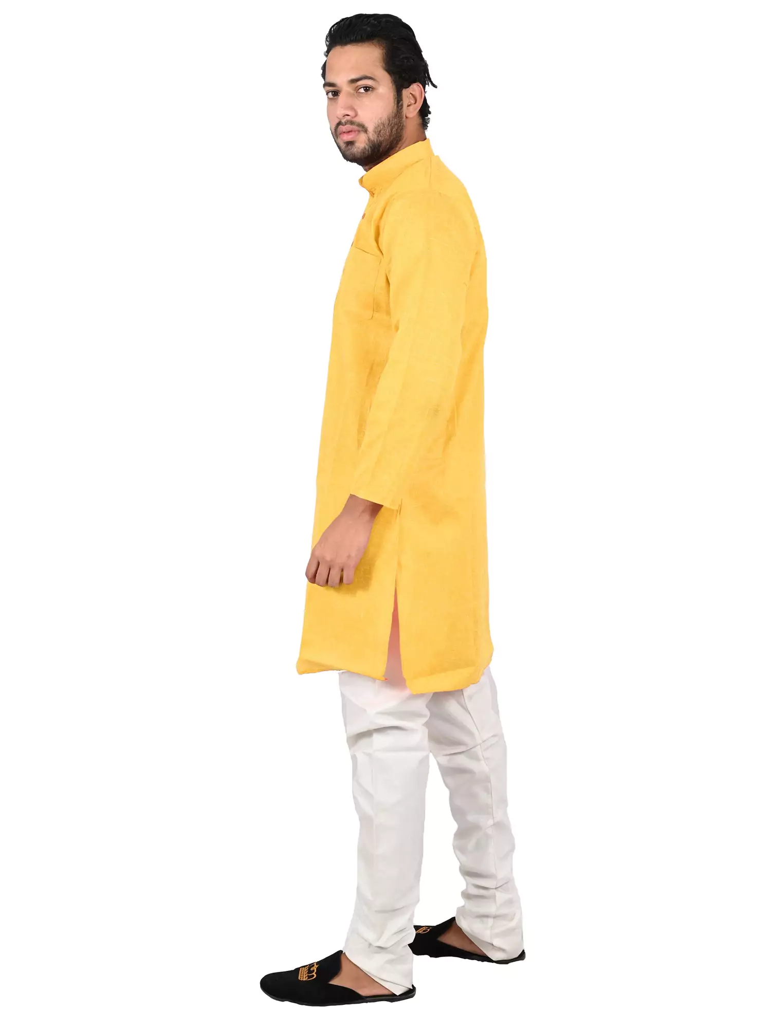 Lavangi Men Lucknow Chikankari Jute Cotton Yellow Kurta Pajama Set