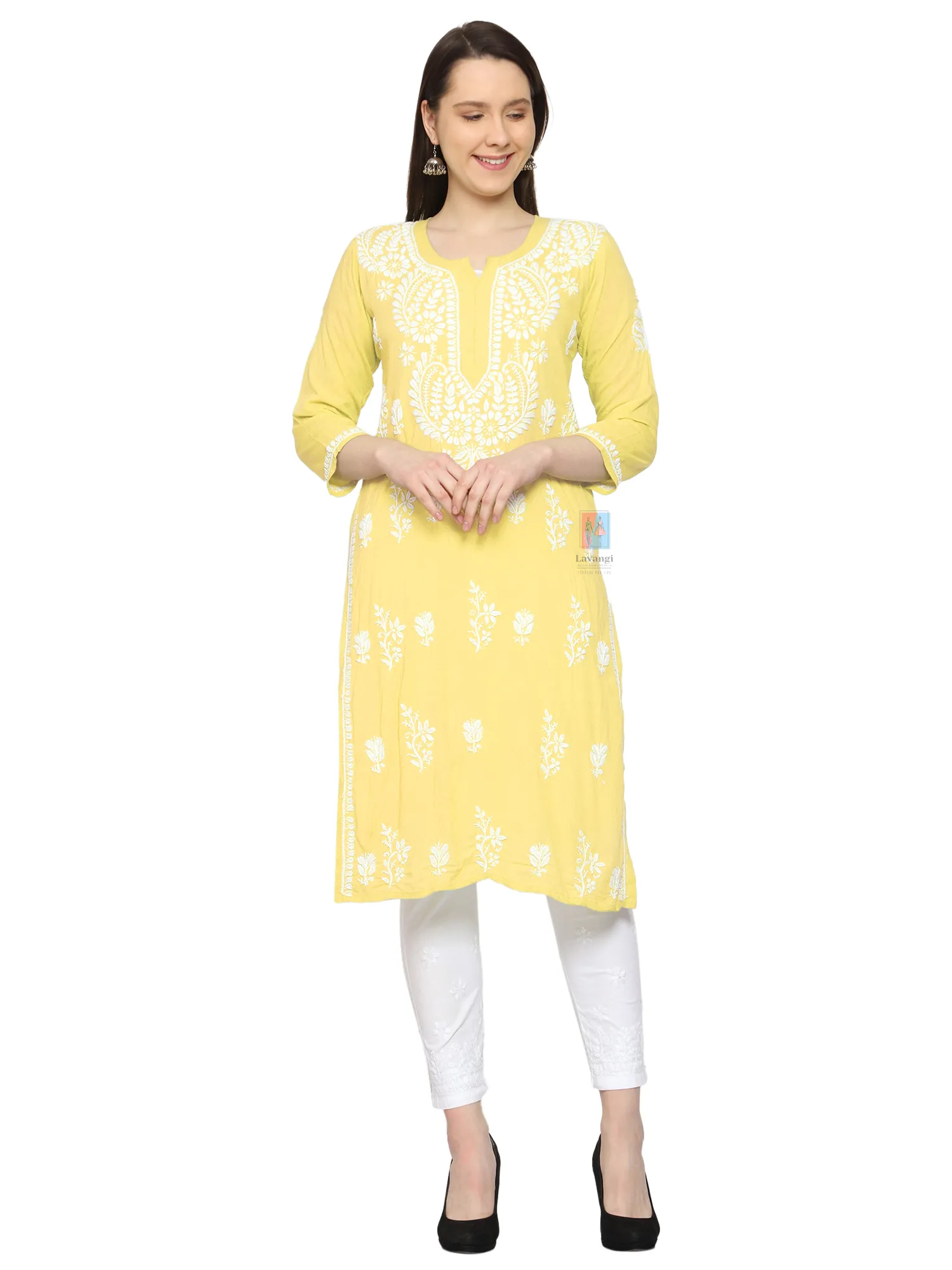 Lavangi Women Lucknow Chikankari Yellow Modal Kurti