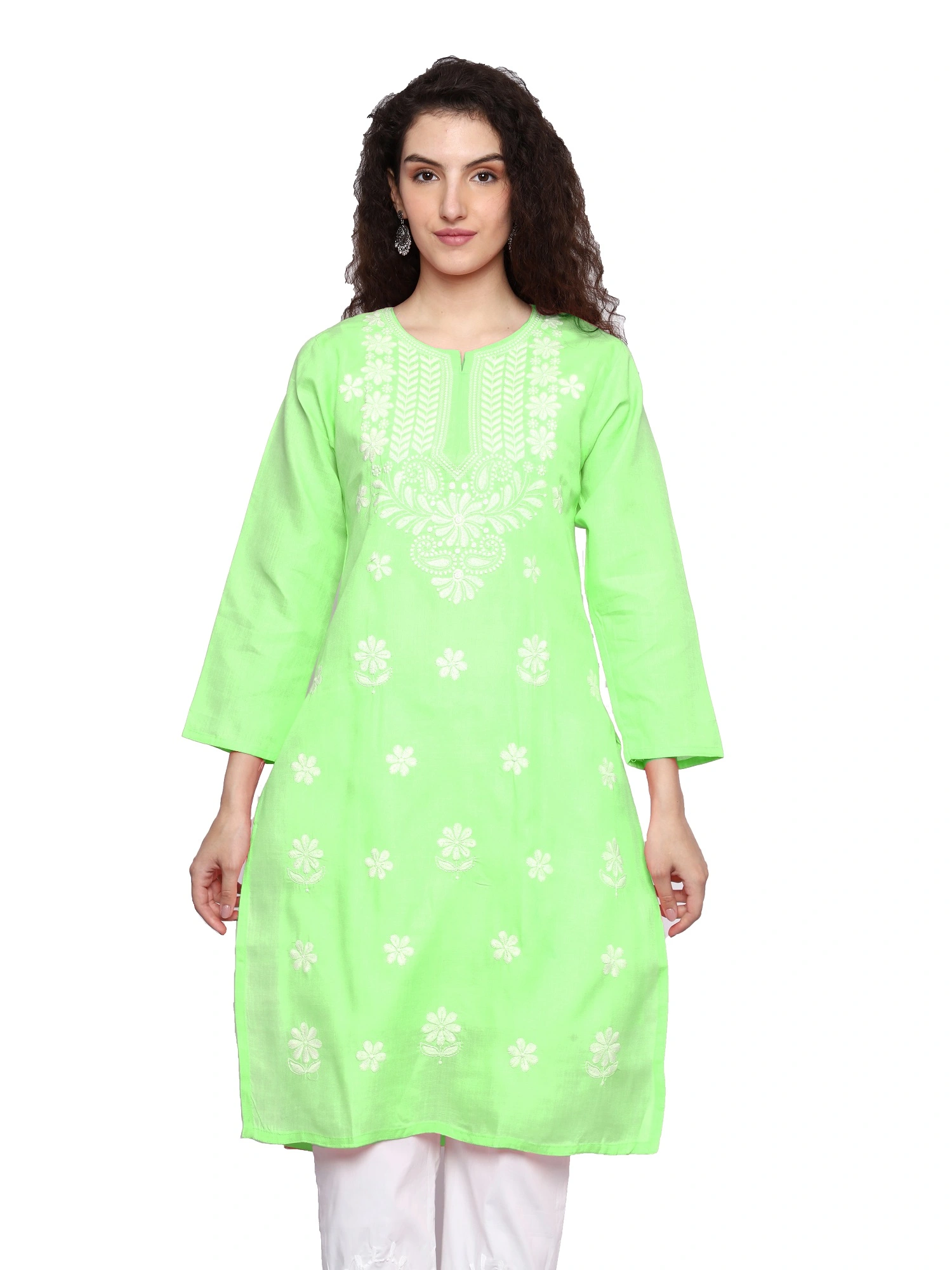 Lavangi Women Pastel Green Lucknowi Chikankari Linen Cotton Kurti