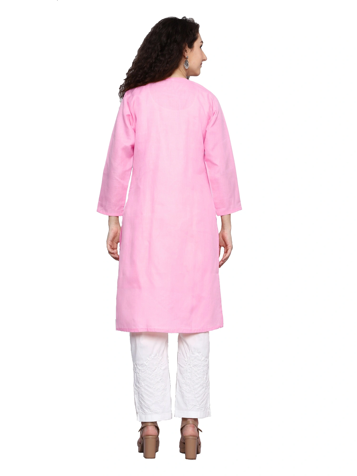 Lavangi Women Baby Pink Lucknowi Chikankari Linen Cotton Kurti