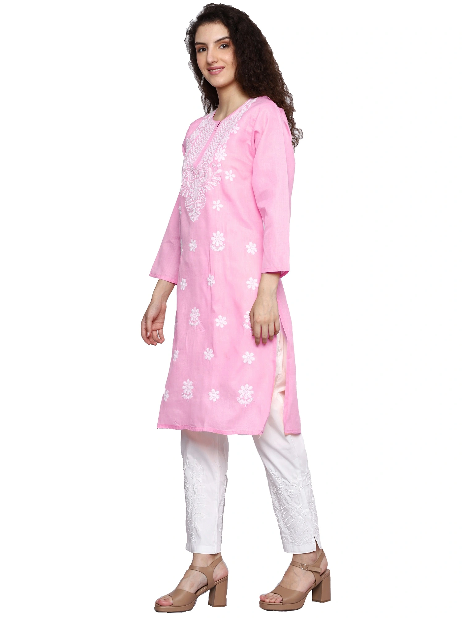 Lavangi Women Baby Pink Lucknowi Chikankari Linen Cotton Kurti