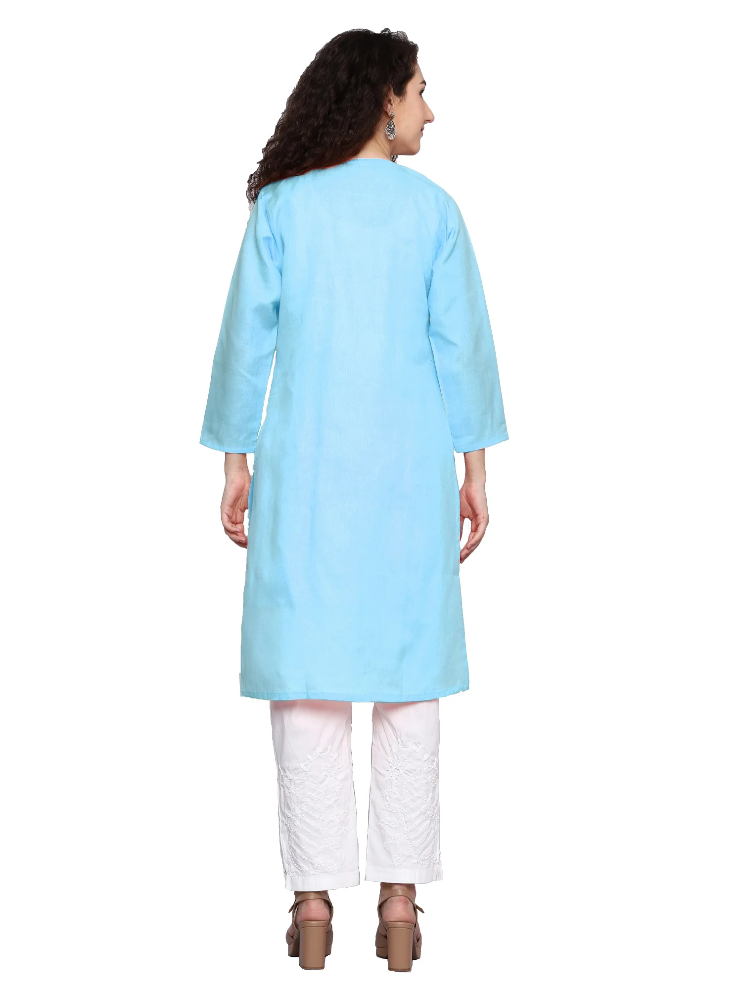 Lavangi Women Sky Blue Lucknowi Chikankari Linen Cotton Kurti