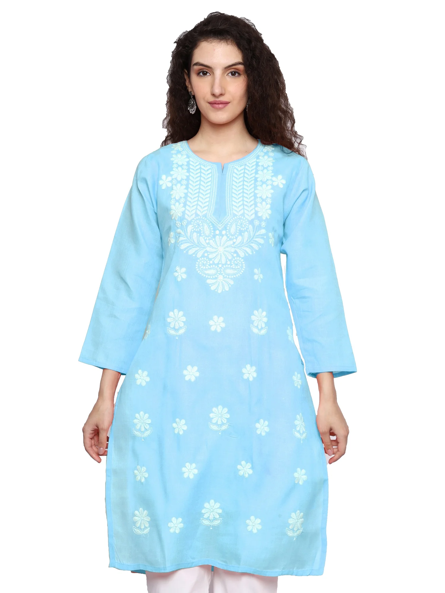 Lavangi Women Sky Blue Lucknowi Chikankari Linen Cotton Kurti