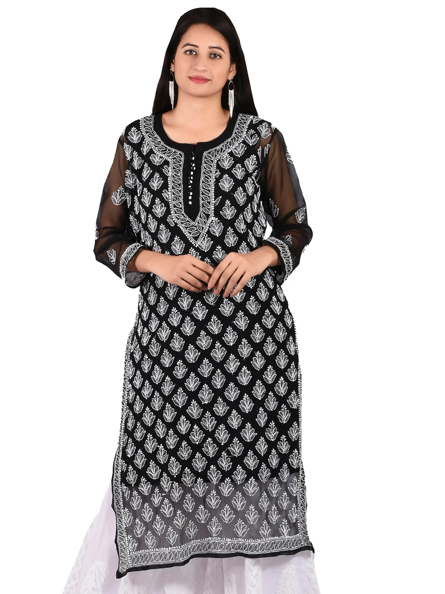 Lavangi Women Lucknow Chikankari Booti Jaal Black Chiffon Kurti