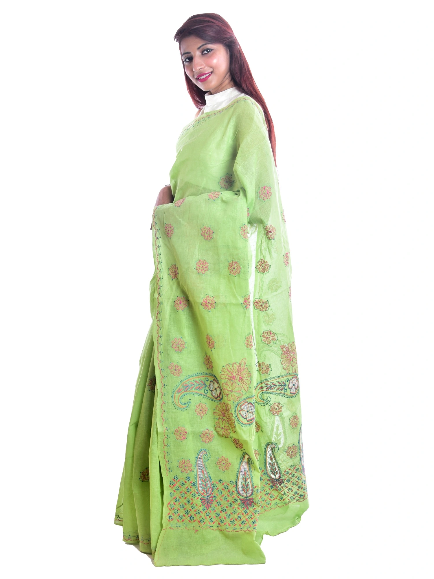 Lavangi Lucknow Chikan Green Cotton Net Saree