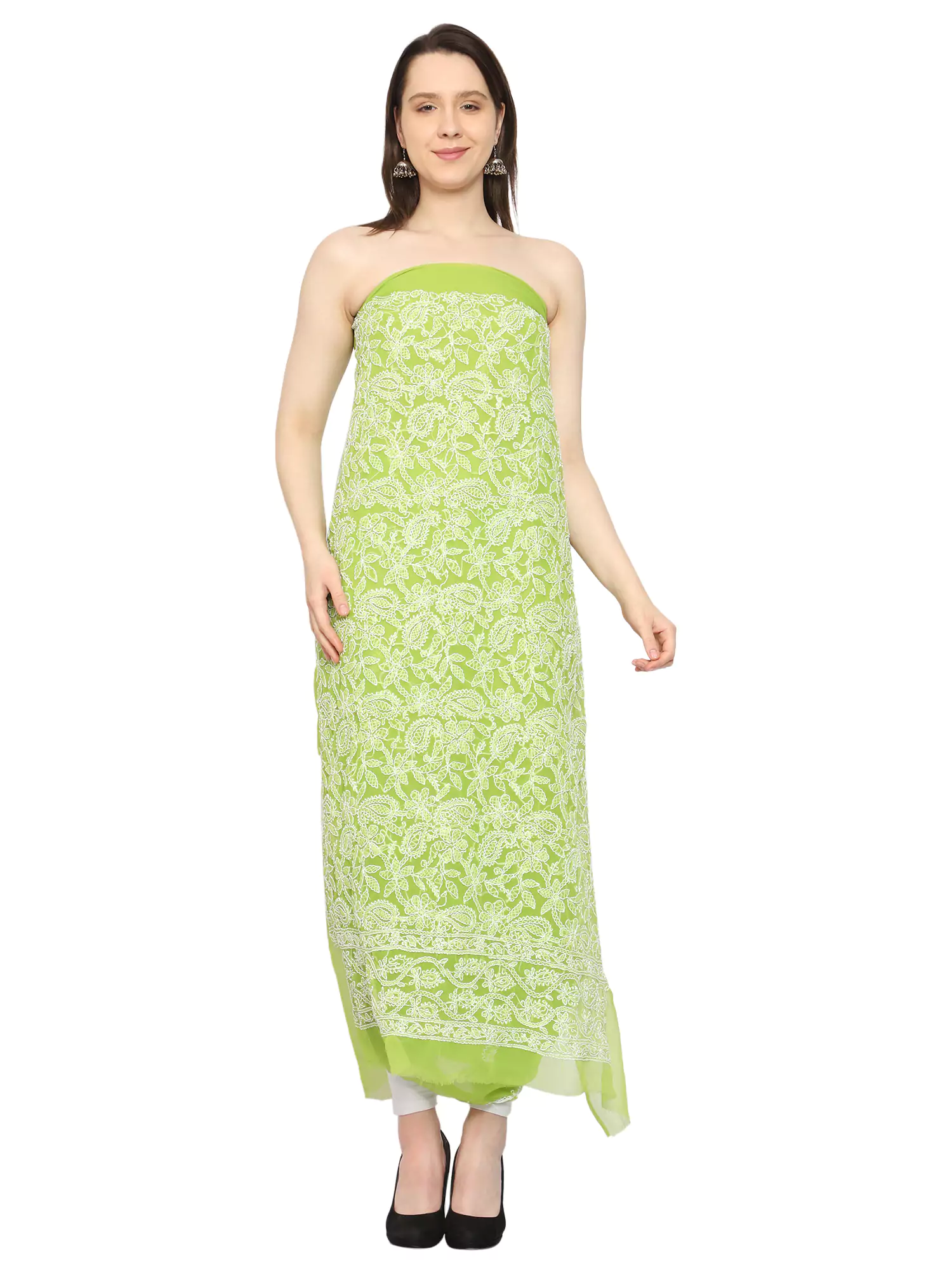 Lavangi Lucknow Chikan Mehndi Green Georgette Front Jaal Unstitched Dress Material for Kurta, Bottom & Dupatta