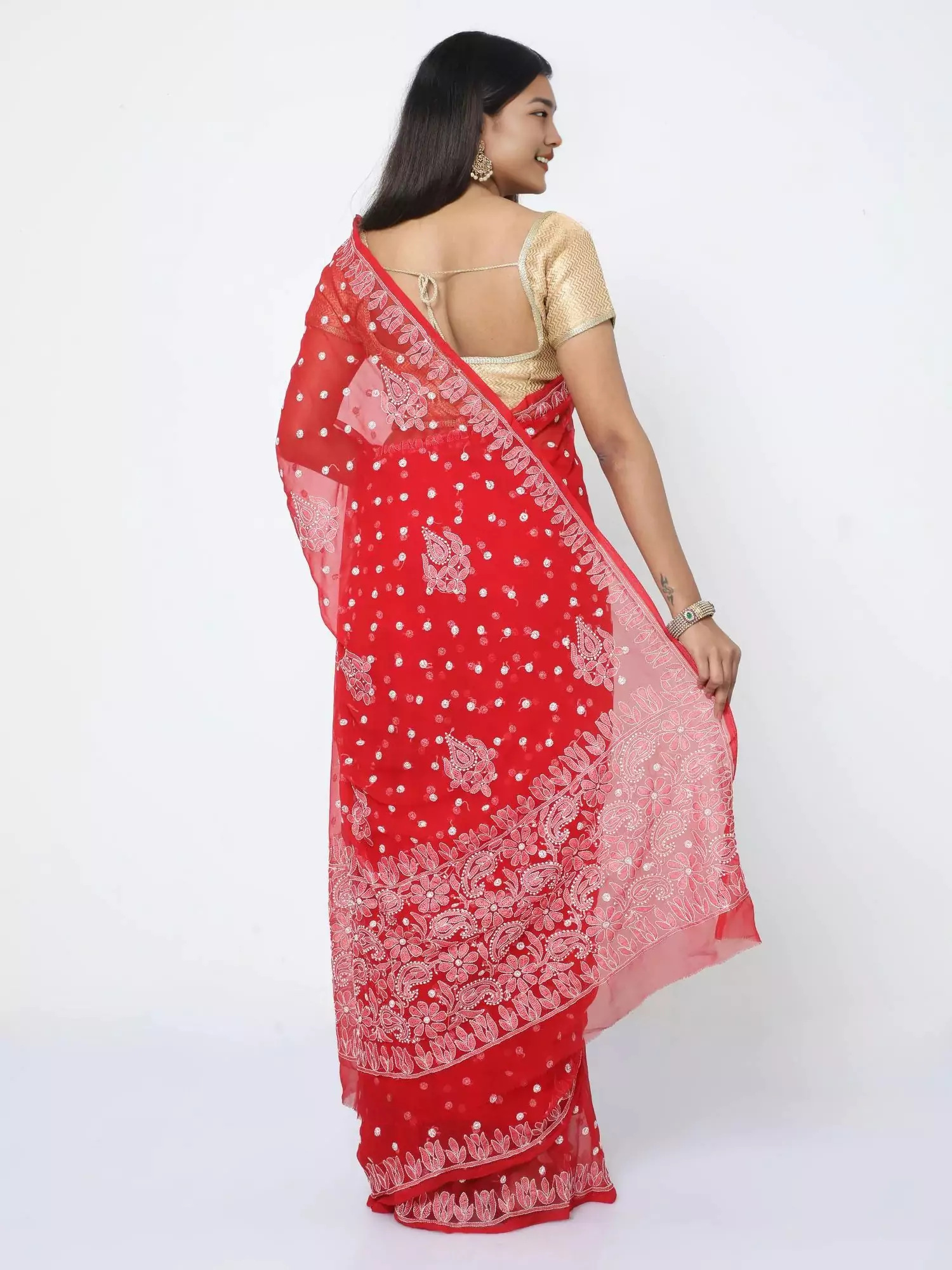 Lavangi Women Lucknow Chikankari Red Resham Work Georgette Saree