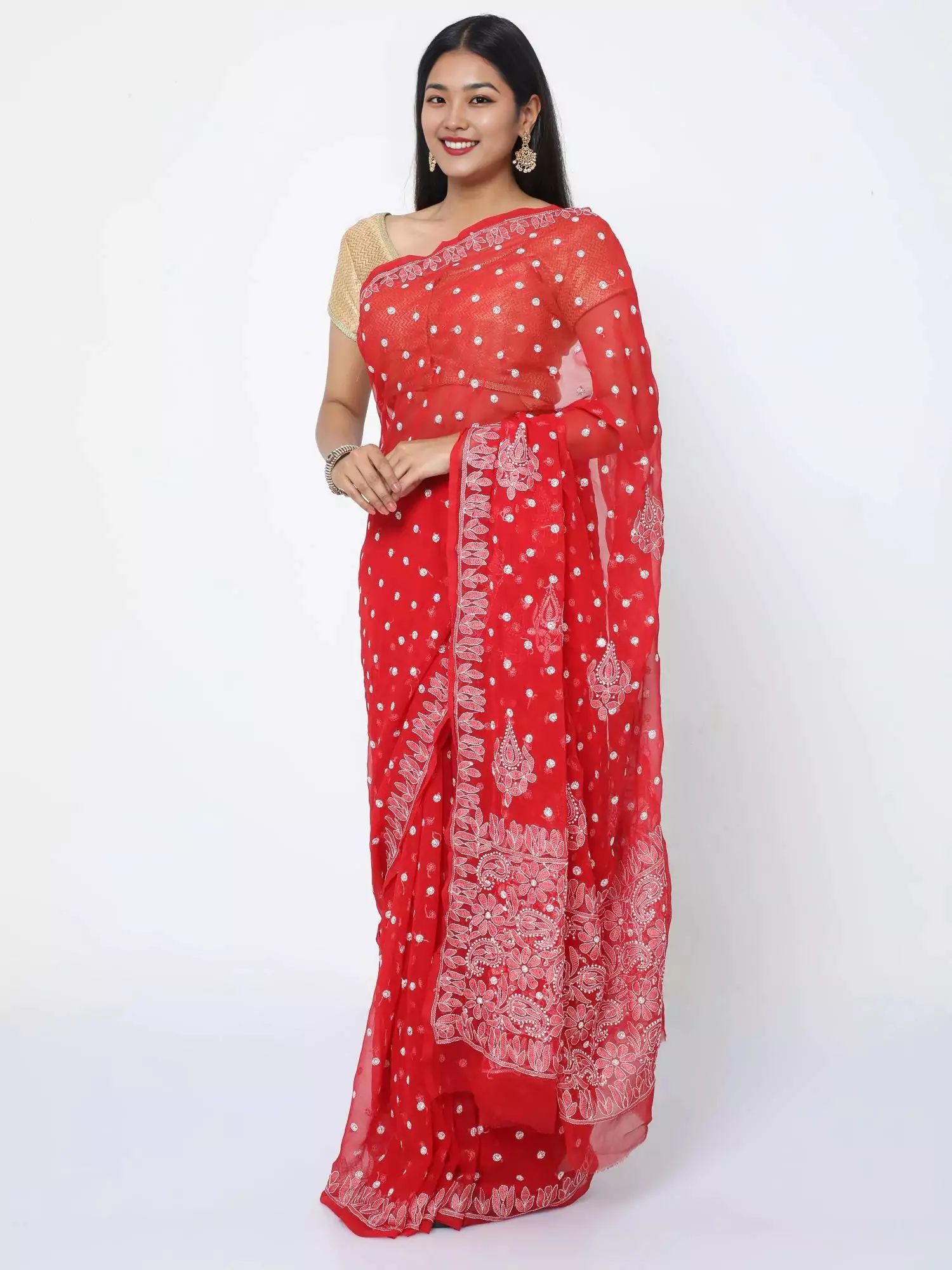 Lavangi Women Lucknow Chikankari Red Resham Work Georgette Saree