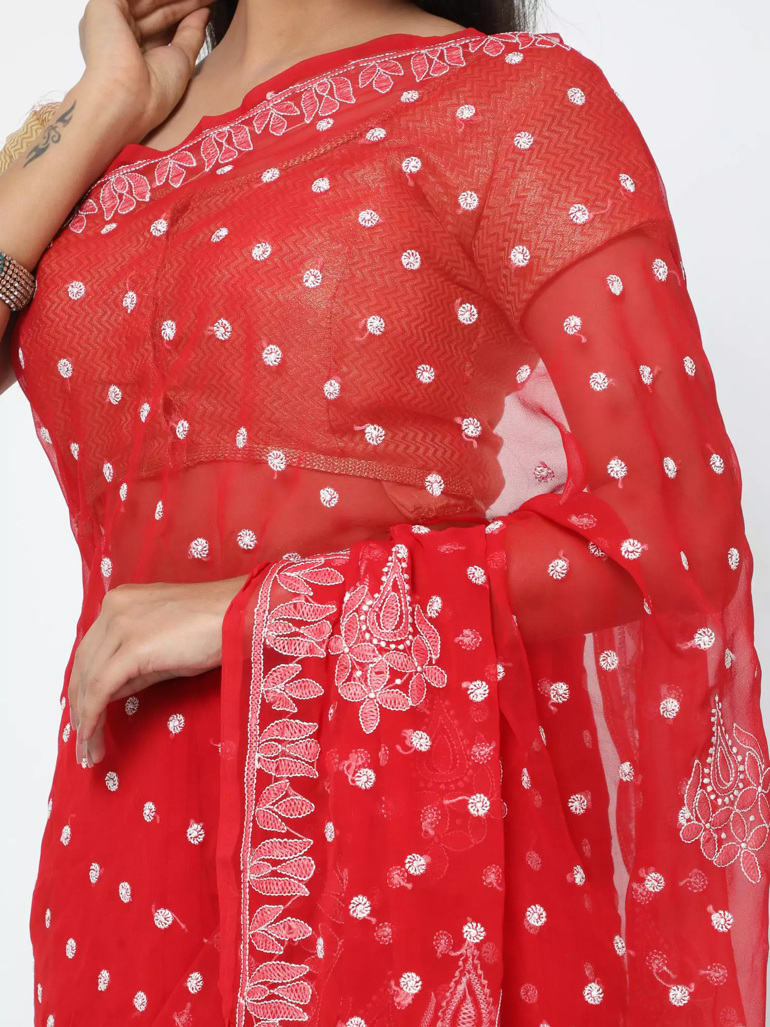 Lavangi Women Lucknow Chikankari Red Resham Work Georgette Saree