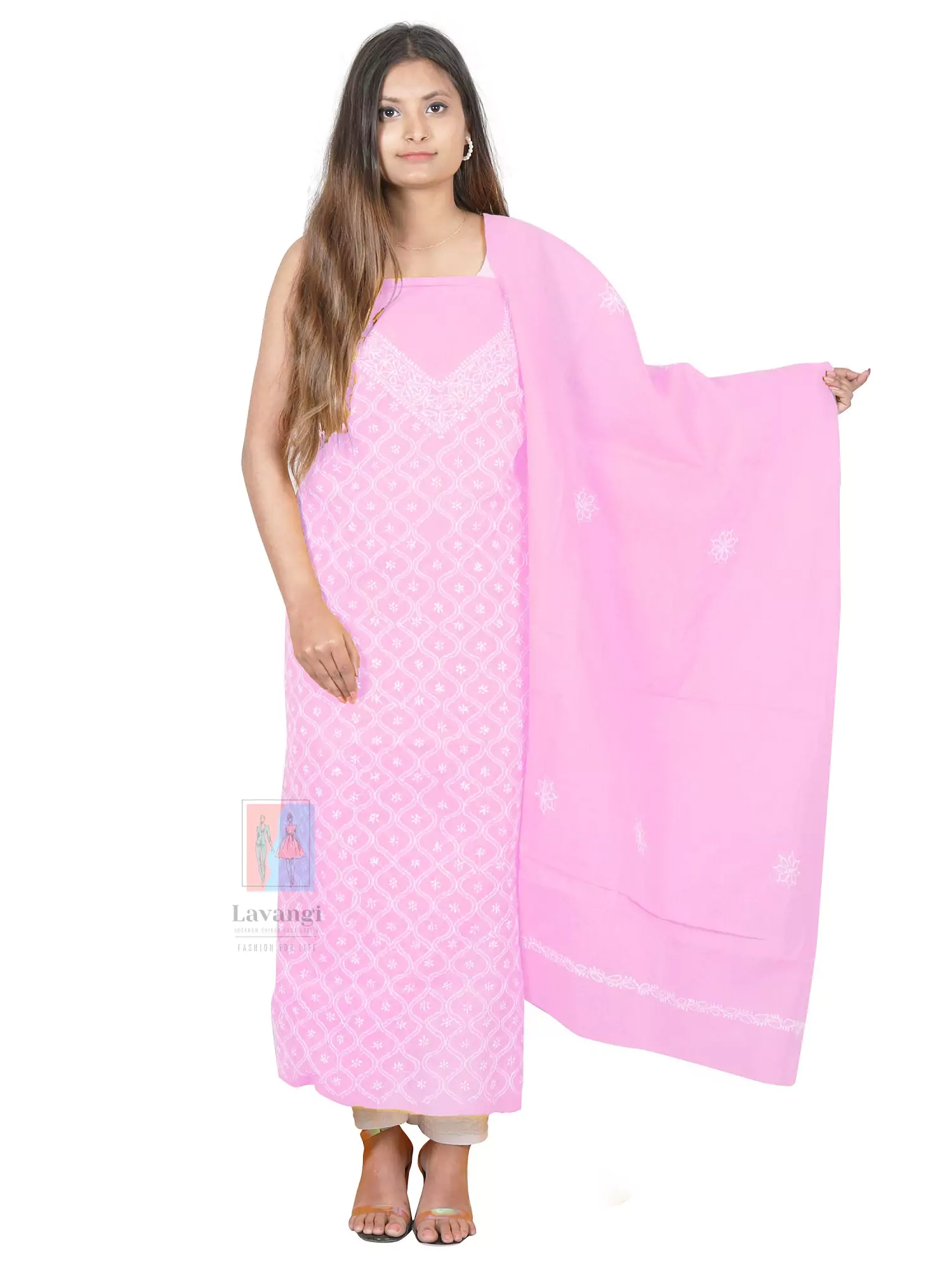 Lavangi Lucknow Chikan Baby Pink Colour Anda Jaal Unstitched Cotton Dress Material