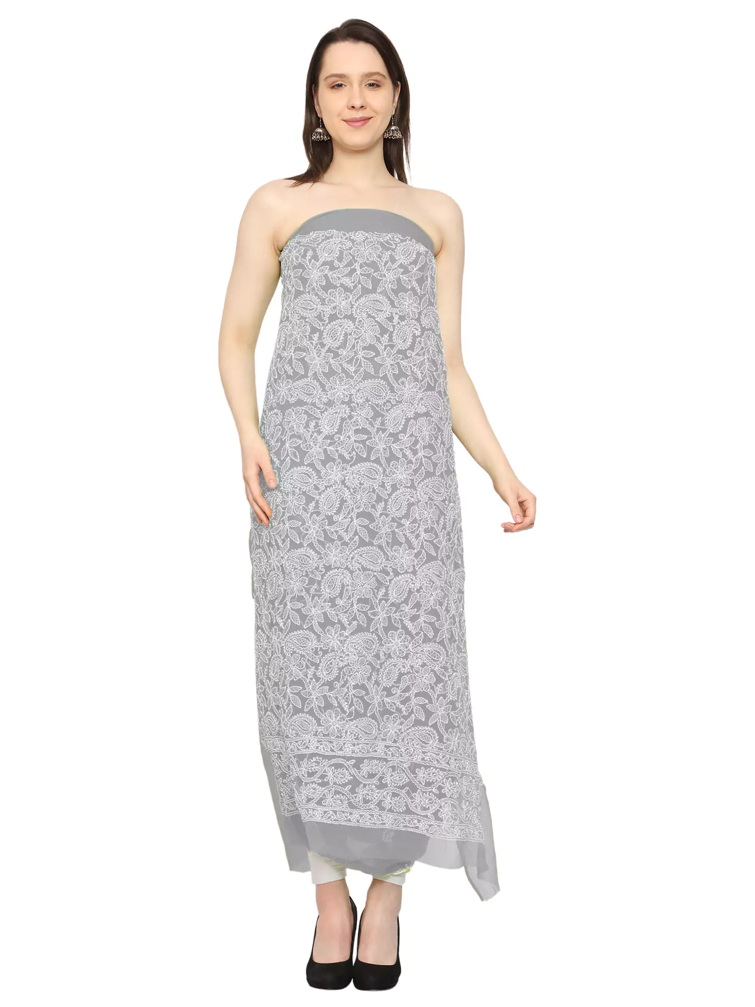 Lavangi Women Grey Lucknow Chikan Georgette Dress Material