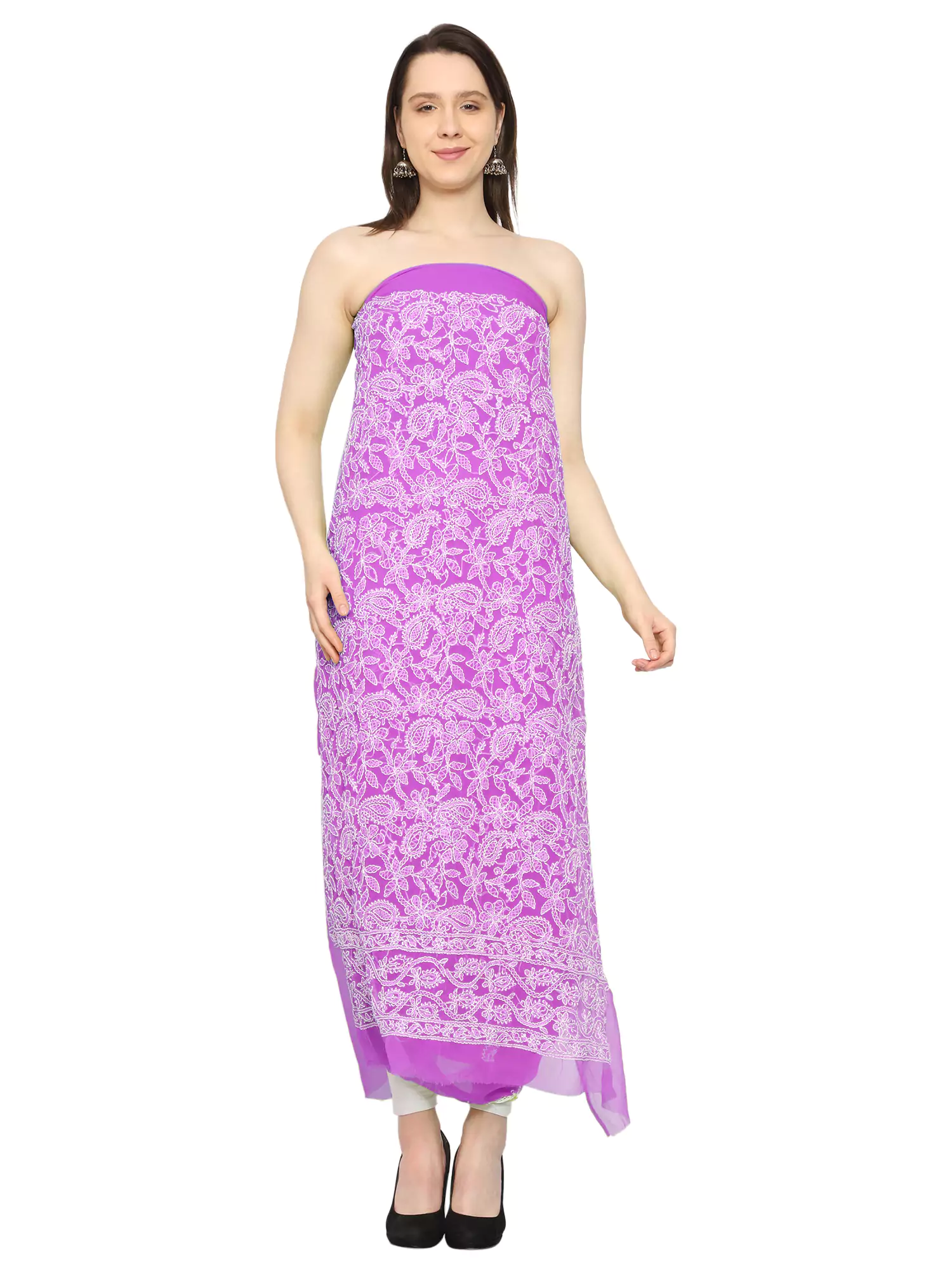 Lavangi Lucknow Chikan Rani Colour Georgette Front Jaal Unstitched Dress Material for Kurta, Bottom & Dupatta