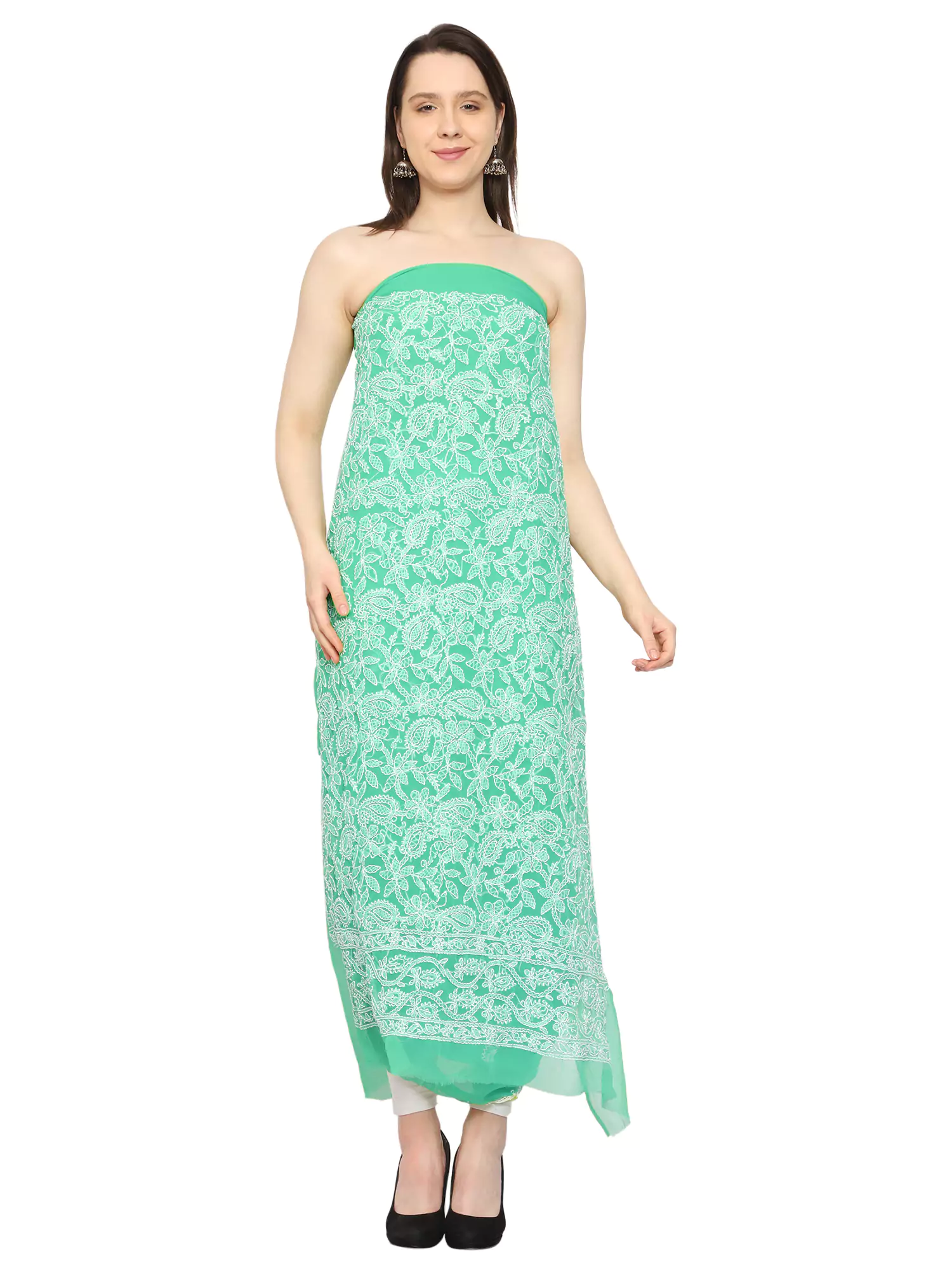 Lavangi Lucknow Chikan Sea Green Georgette Front Jaal Unstitched Dress Material for Kurta, Bottom & Dupatta