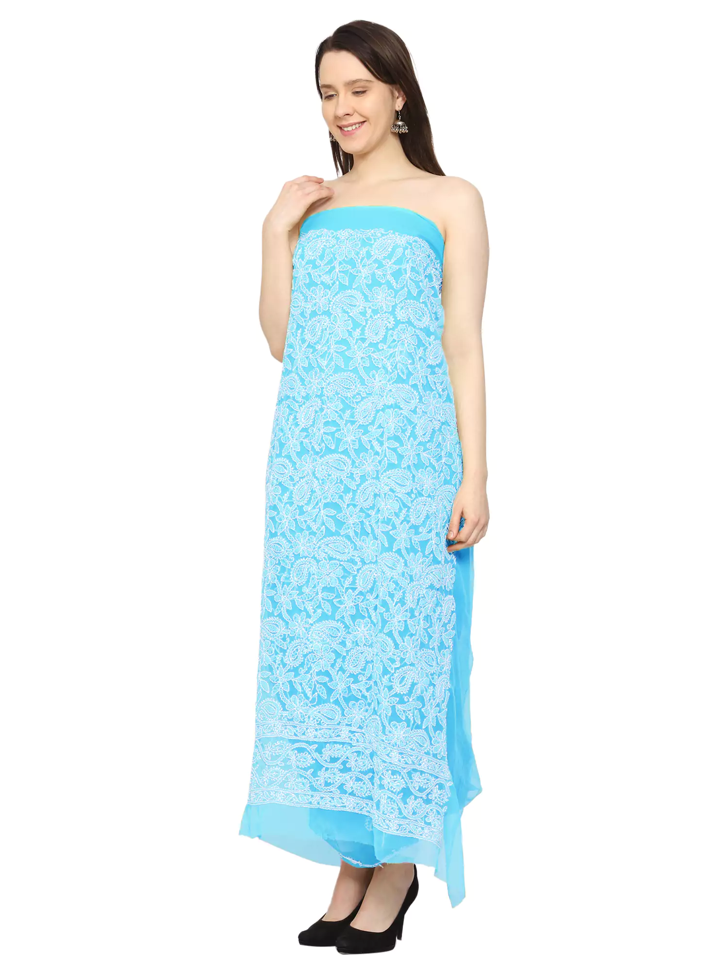 Lavangi Women Sky Blue Lucknow Chikan Georgette Dress Material