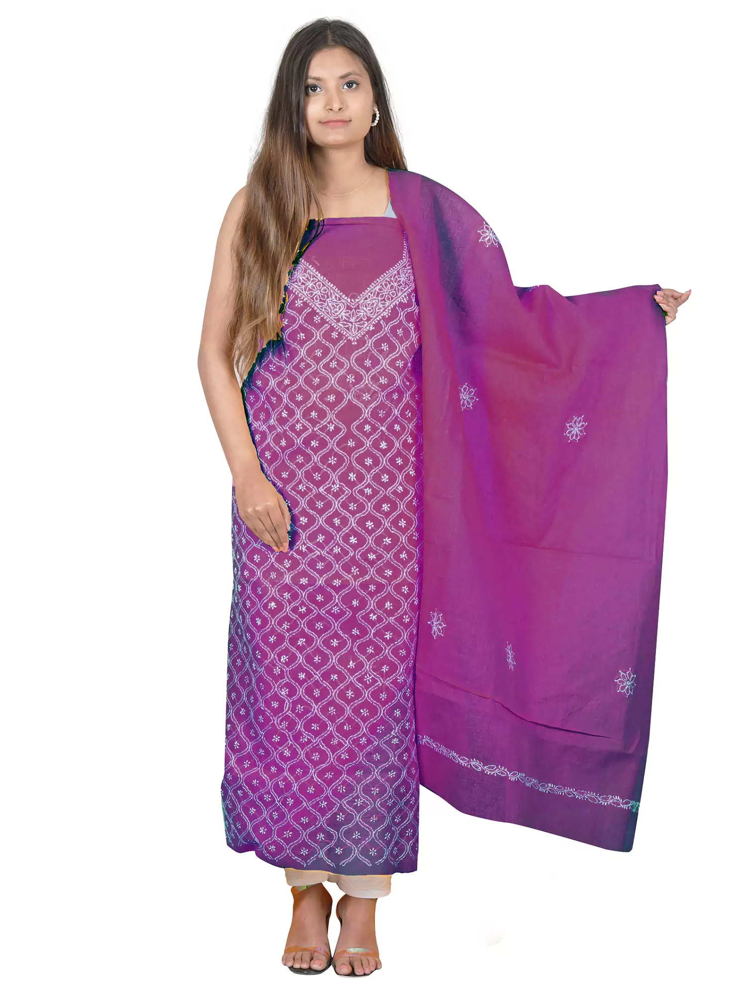 Lavangi Lucknow Chikan Wine Colour Anda Jaal Unstitched Cotton Dress Material